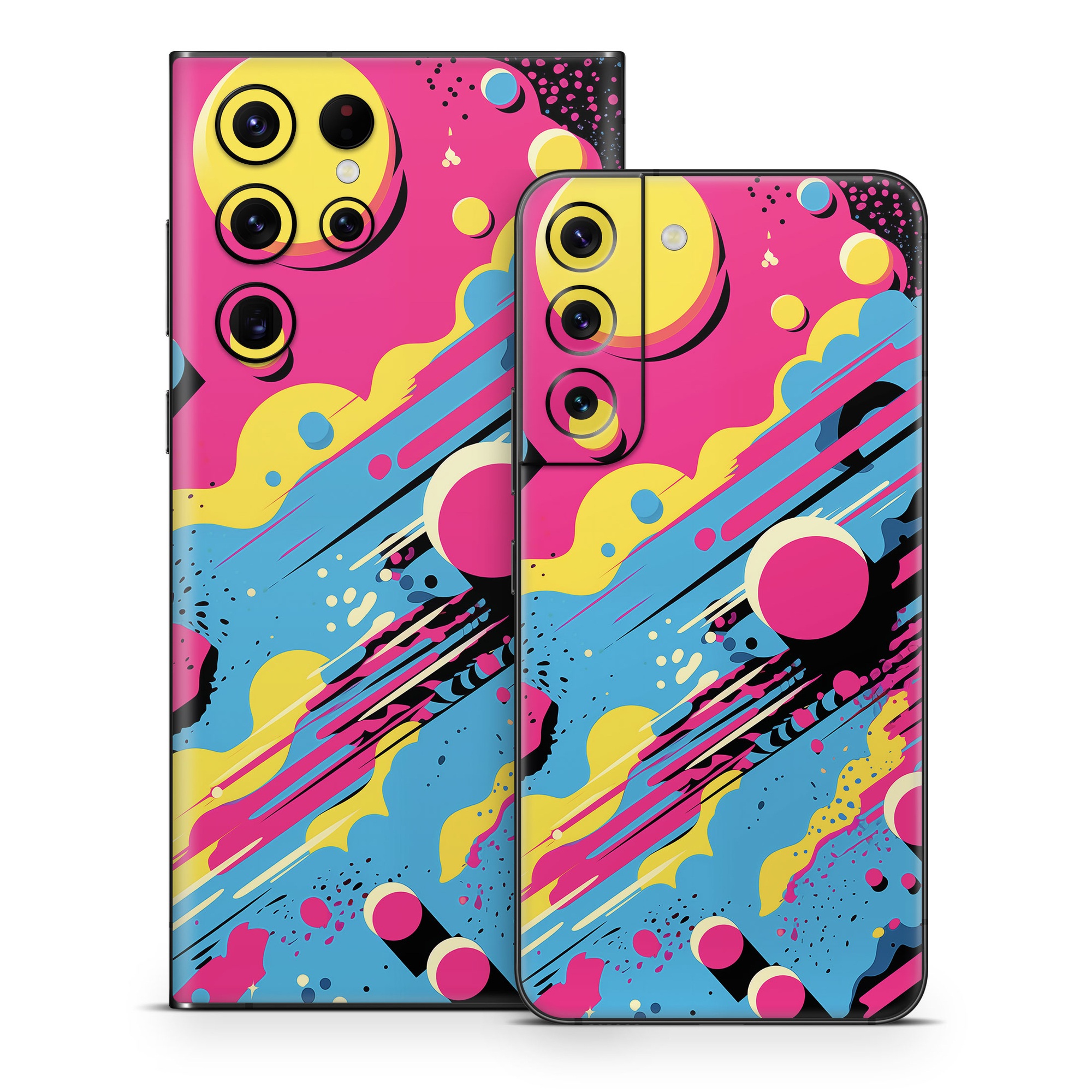 Samsung Galaxy S22 Series Skin design of Colorfulness, Paint, Art, Font, Line, Material property, Magenta, Pattern, Illustration, Circle, with pink, yellow, blue, black, white colors