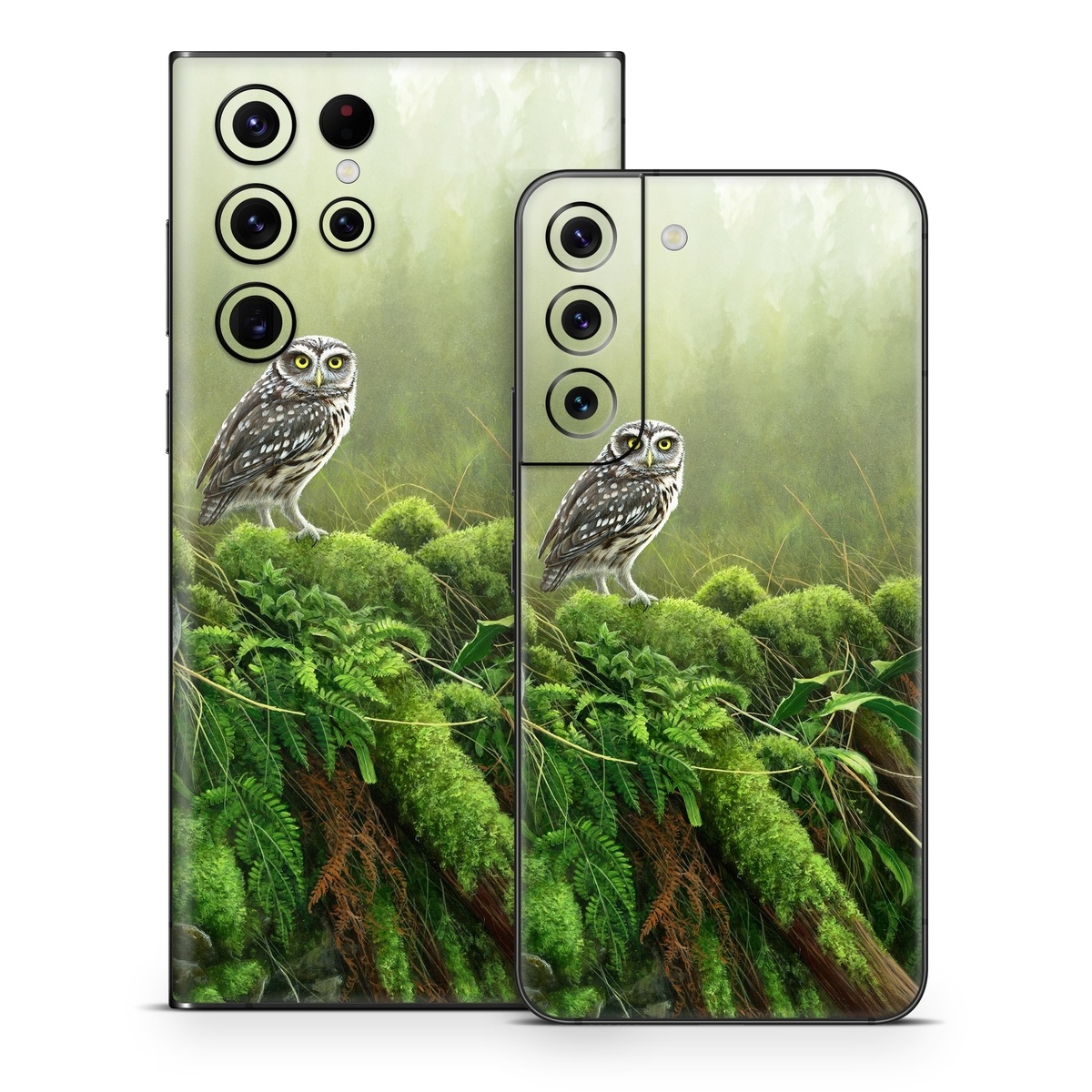 Samsung Galaxy S22 Series Skin design of Nature, Owl, Bird, Bird of prey, great grey owl, Adaptation, Terrestrial plant, Wildlife, Plant, Organism, with brown, gray, green, white colors