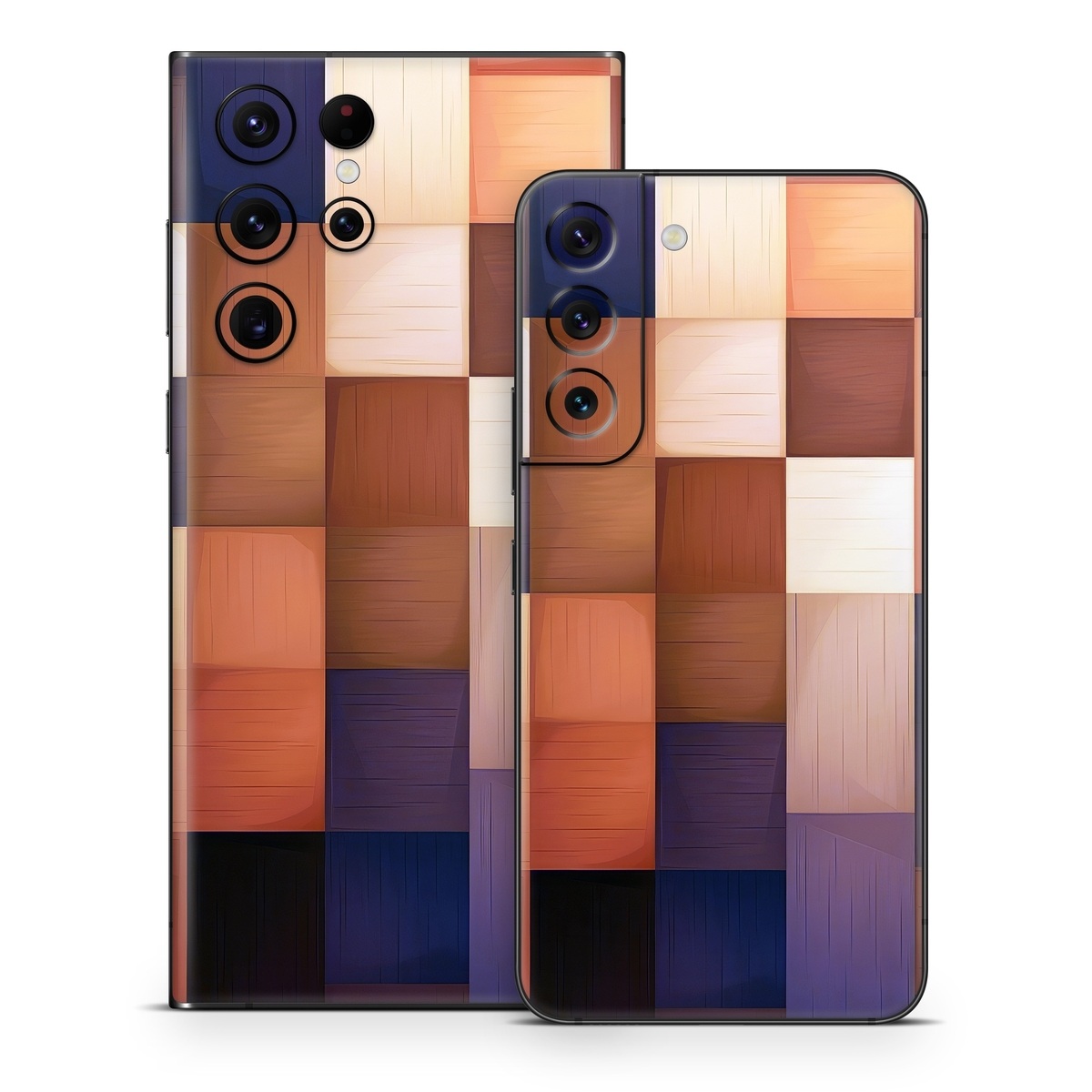 Samsung Galaxy S22 Series Skin design of Brown, Light, Rectangle, Product, Wood, Blue, Orange, Amber, Textile, Wood stain, with yellow, orange, red, black, brown, blue, purple colors