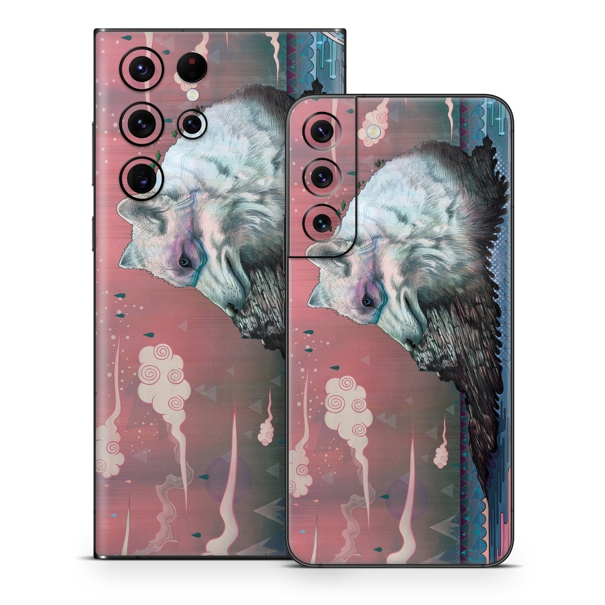 Samsung Galaxy S22 Series Skin design of Illustration, Drawing, Sketch, Art, Graphic design, Lion, Goats, Fictional character, Ink, Bison, with gray, purple, black, red colors