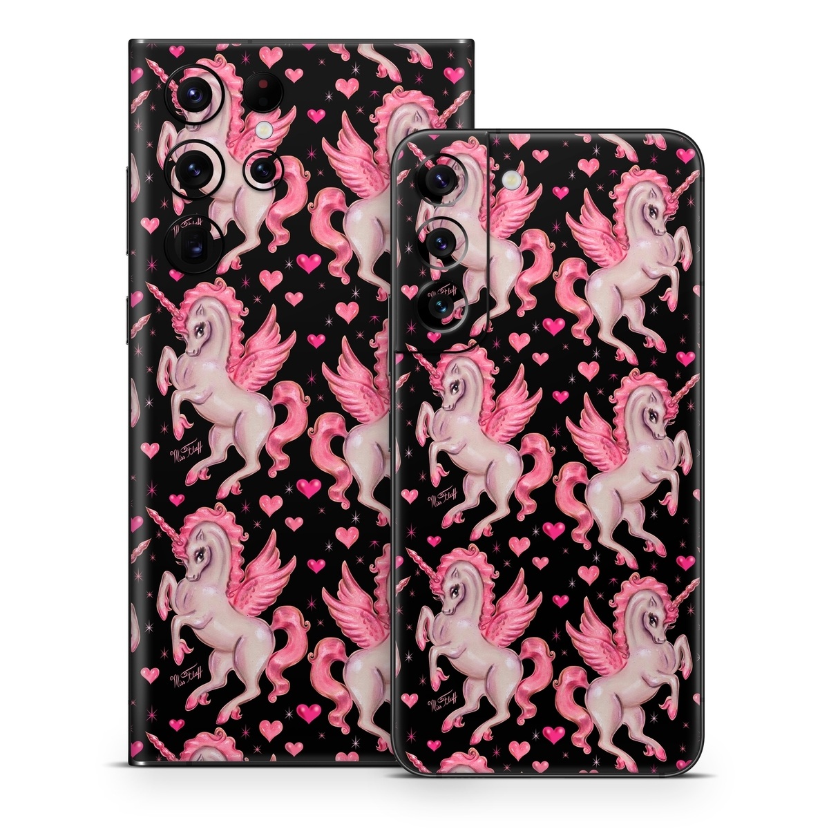 Samsung Galaxy S22 Series Skin design of Pink, Pattern, Fictional character, Design, Illustration, Font, Unicorn, Graphic design, Mythical creature, Art, with black, pink colors