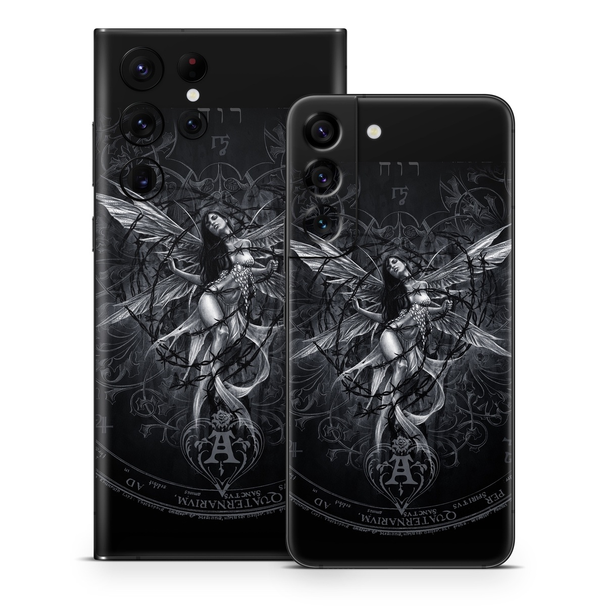 Samsung Galaxy S22 Series Skin design of Illustration, Graphic design, Darkness, Fictional character, Black-and-white, Pattern, Graphics, Mythical creature, Circle, Wing, with black, white colors
