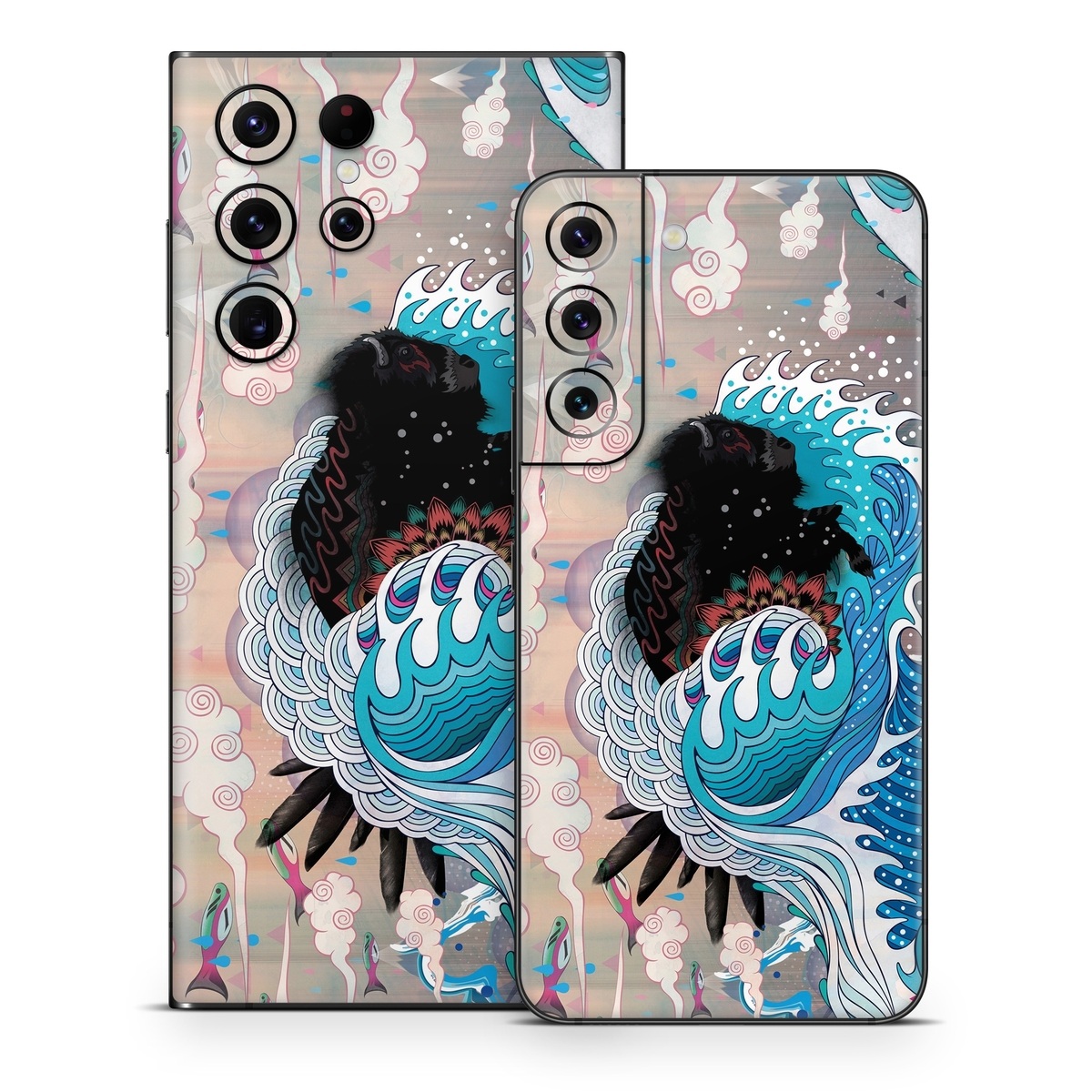 Samsung Galaxy S22 Series Skin design of Blue, Turquoise, Illustration, Aqua, Graphic design, Pattern, Art, Design, Graphics, Visual arts, with gray, blue, black, pink, white colors