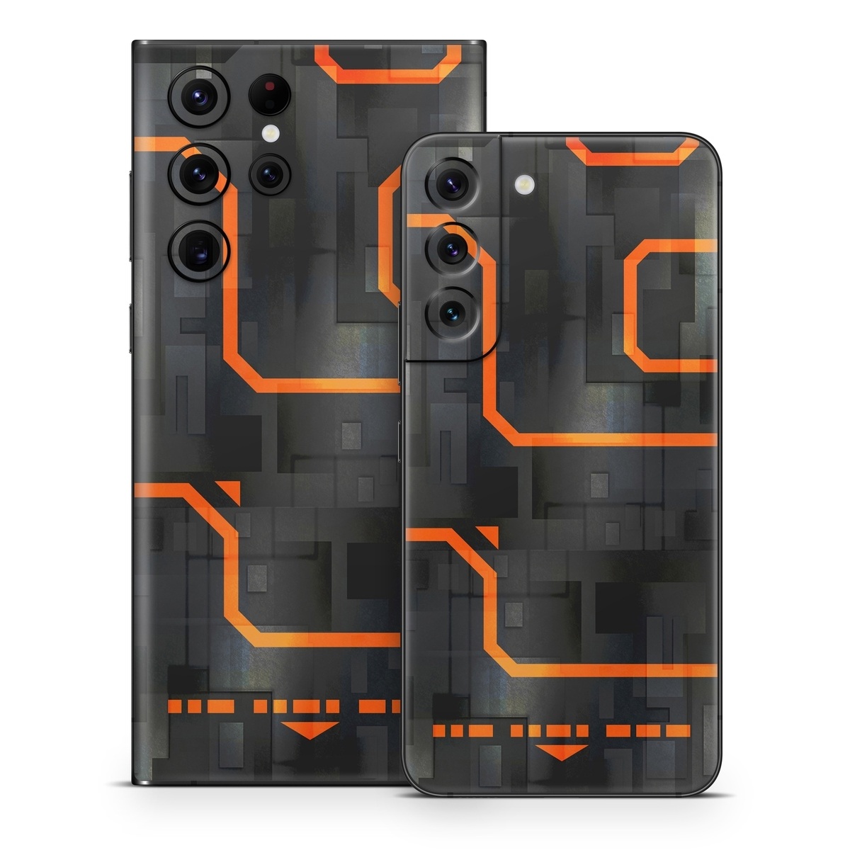 Samsung Galaxy S22 Series Skin design of Orange, Font, Parallel, Pattern, Graphics, Rectangle, Logo, Brand, Graphic design, Event, with black, orange colors