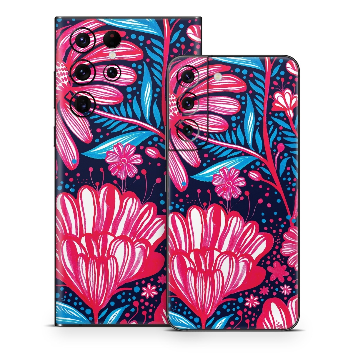 Samsung Galaxy S22 Series Skin design of Pattern, Red, Pink, Floral design, Textile, Design, Flower, Plant, Petal, with black, white, red, blue, pink colors