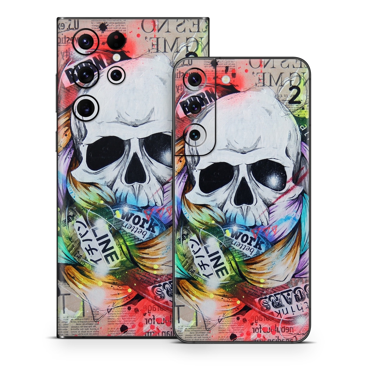 Samsung Galaxy S22 Series Skin design of Street art, Text, Graphic design, Font, Illustration, Art, Graffiti, Skull, Poster, Advertising, with gray, black, red, green, blue colors