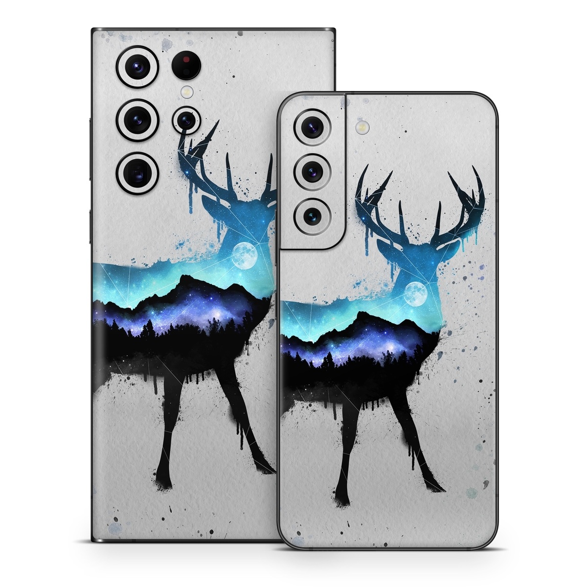 Samsung Galaxy S22 Series Skin design of Reindeer, Deer, Illustration, Watercolor paint, Art, Elk, Wildlife, Drawing, Paint, Graphics, with gray, black, blue, purple, white colors