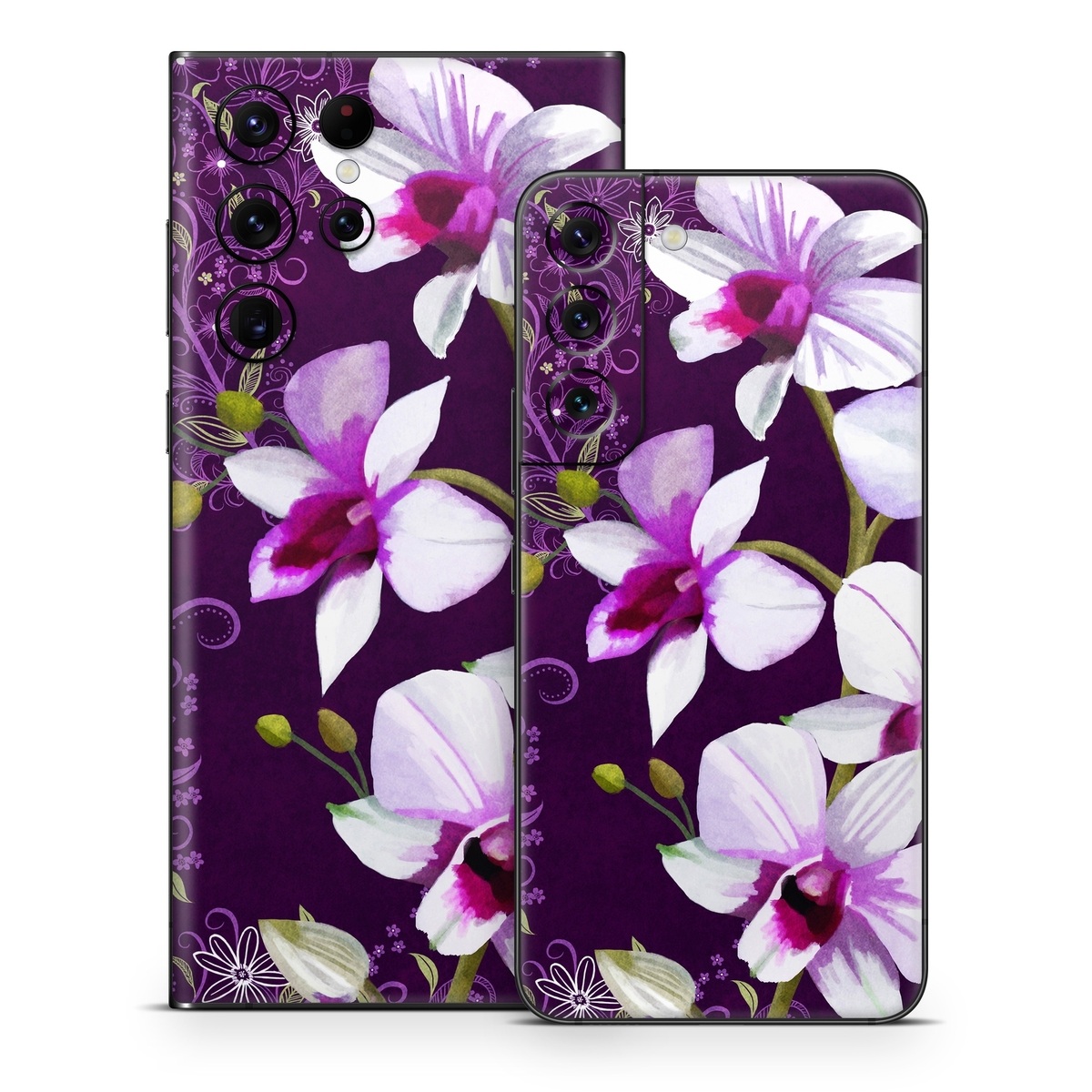 Samsung Galaxy S22 Series Skin design of Flower, Purple, Petal, Violet, Lilac, Plant, Flowering plant, cooktown orchid, Botany, Wildflower, with black, gray, white, purple, pink colors