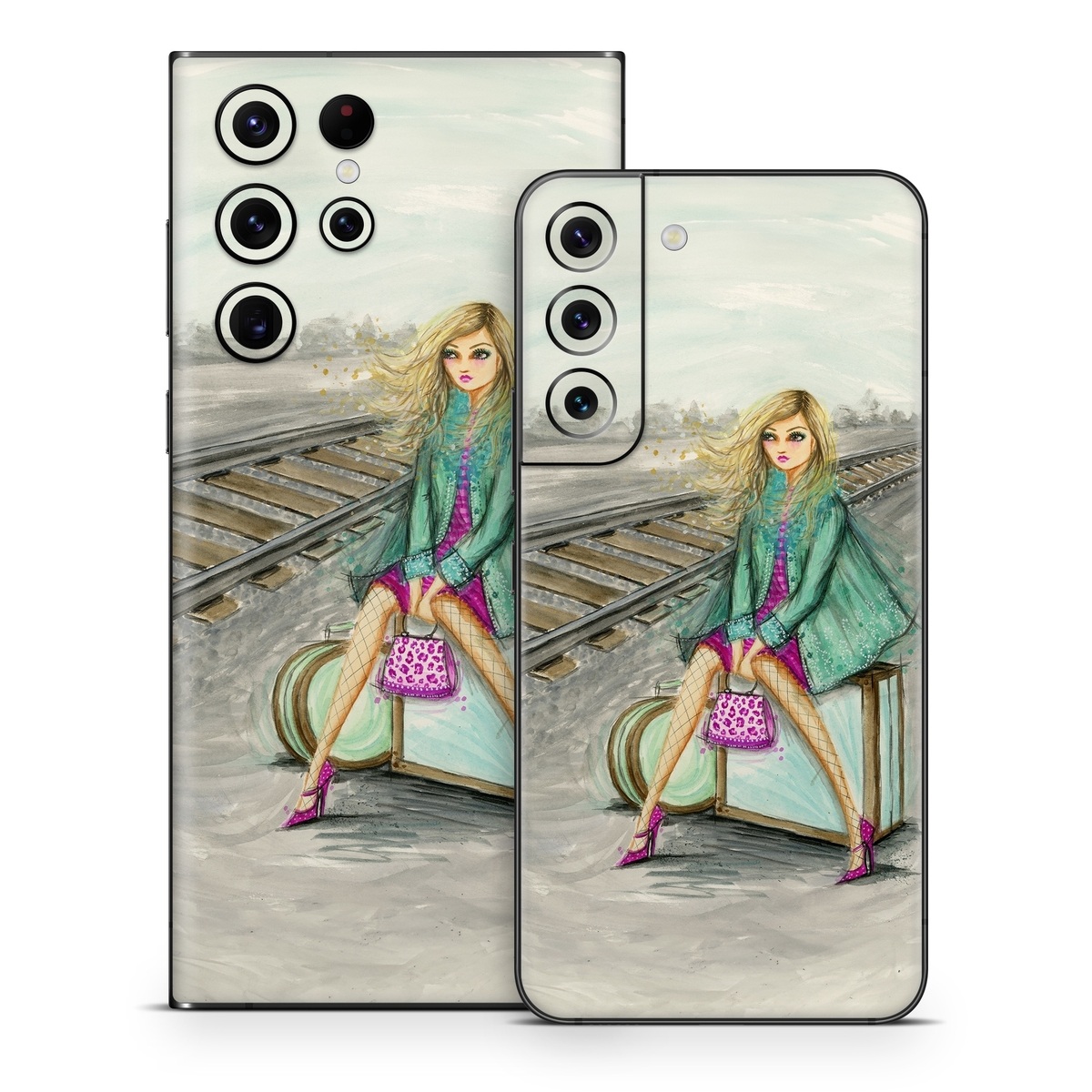 Samsung Galaxy S22 Series Skin design of Fashion illustration, Pink, Illustration, Fashion, Watercolor paint, Art, Magenta, Fashion design, Sitting, Drawing, with gray, green, pink, white, yellow, purple, blue colors