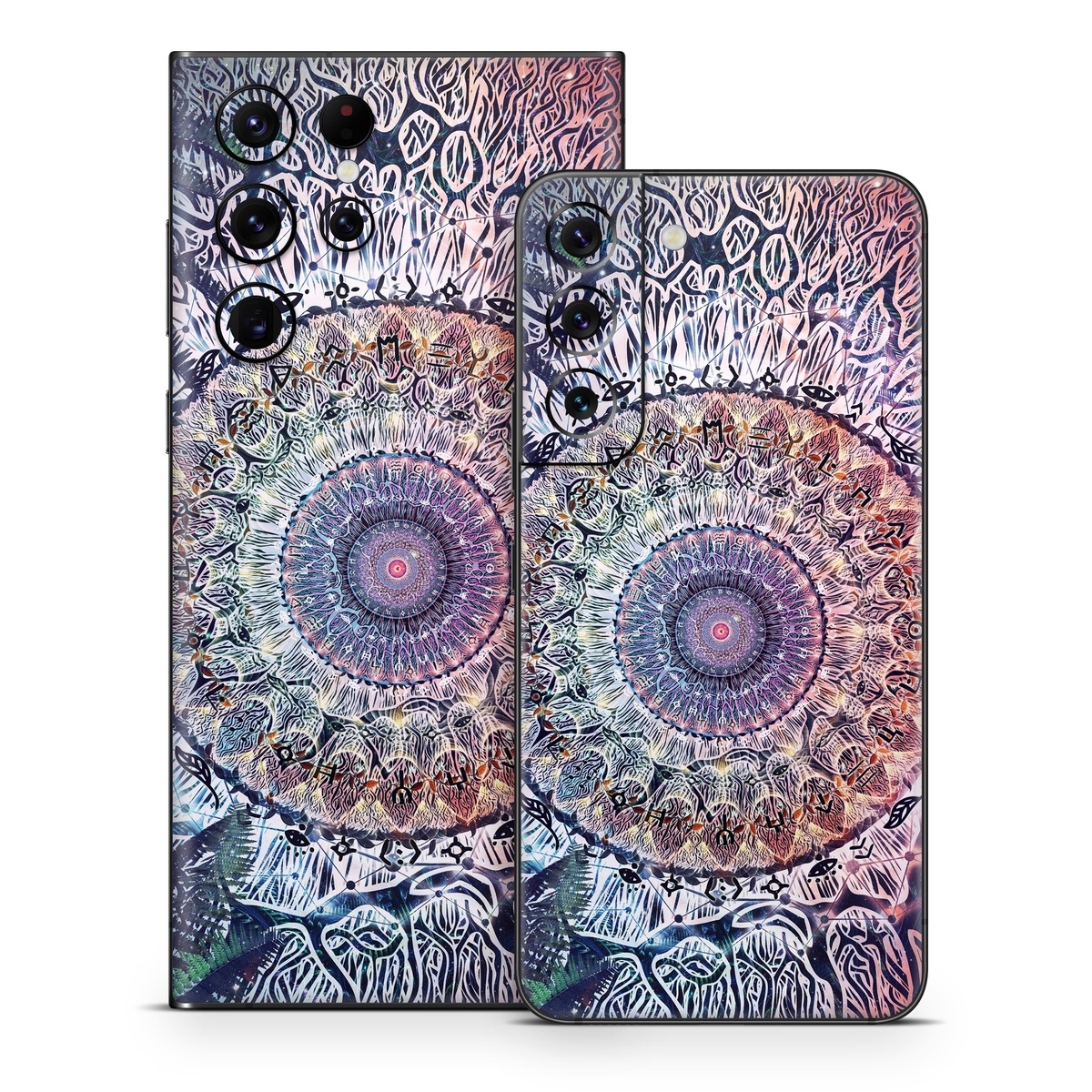 Samsung Galaxy S22 Series Skin design of Tapestry, Pattern, Art, Close-up, Circle, Fractal art, Textile, Eye, Design, Kaleidoscope, with blue, red, yellow, purple, green colors