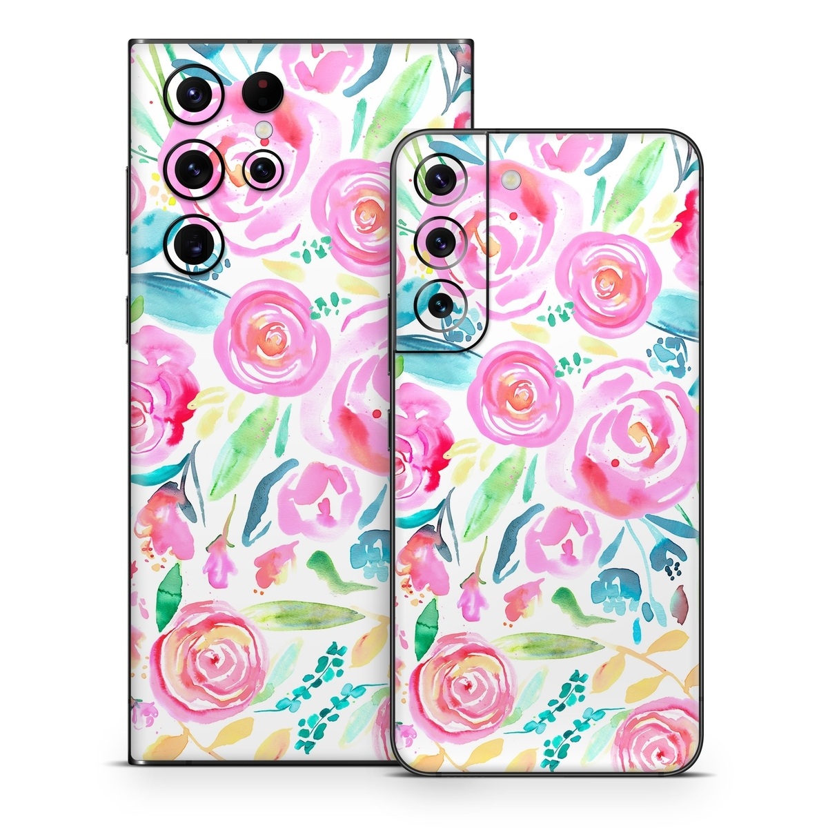 Samsung Galaxy S22 Series Skin design of Flower, Plant, Petal, Pink, Art, Material property, Magenta, Flowering plant, Pattern, Rose family, with white, pink, green, blue, yellow colors
