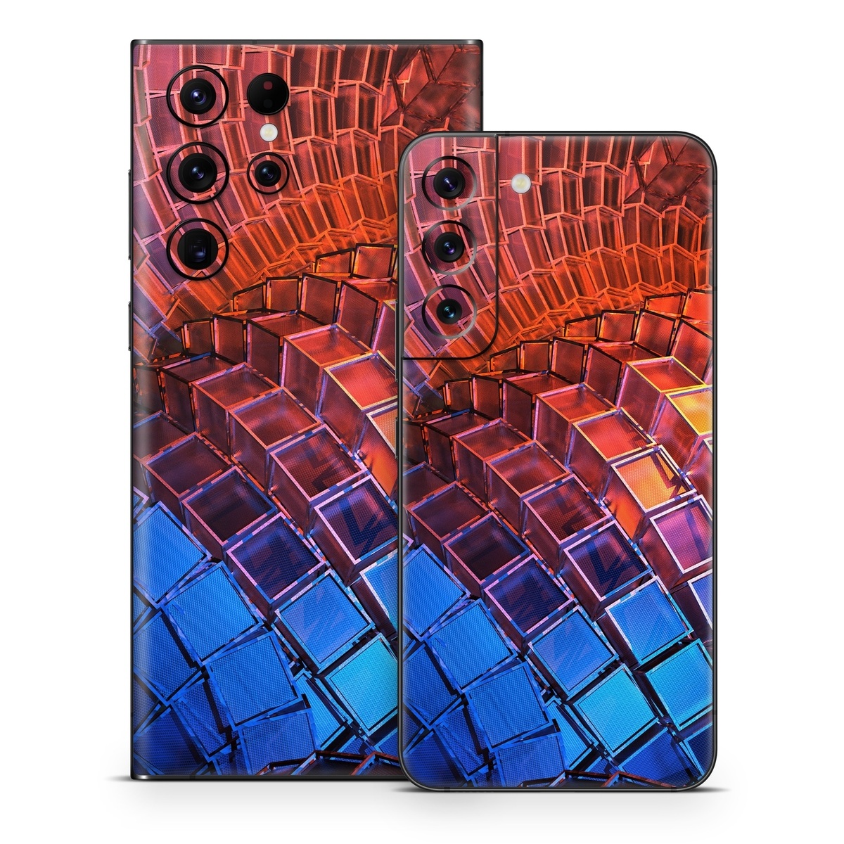 Samsung Galaxy S22 Series Skin design of Blue, Red, Orange, Light, Pattern, Architecture, Design, Fractal art, Colorfulness, Psychedelic art, with black, red, blue, purple, gray colors