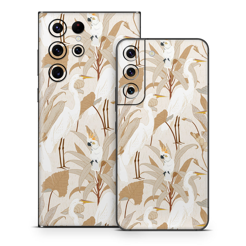 Samsung Galaxy S22 Series Skin design of Plant, Branch, Organism, Twig, Art, Fawn, Painting, Tail, Pattern, Illustration, with white, brown, gray, yellow, orange colors