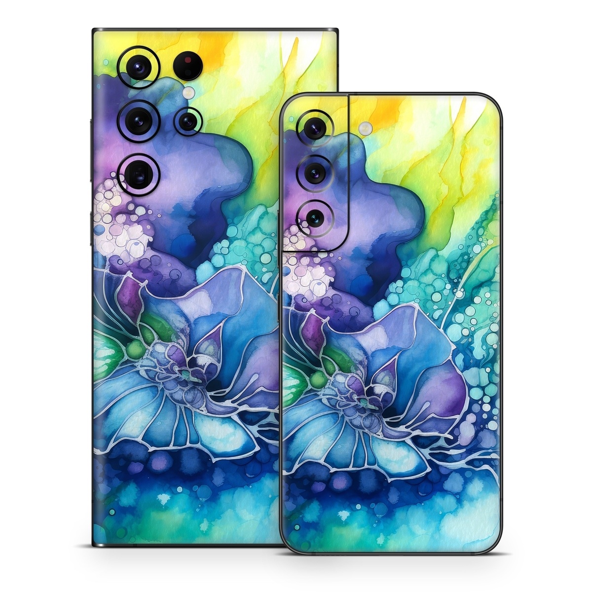 Samsung Galaxy S22 Series Skin design of Flower, Plant, Art paint, Petal, Blue, Azure, Purple, Art, Paint, Painting, with blue, yellow, green, purple, white, orange colors