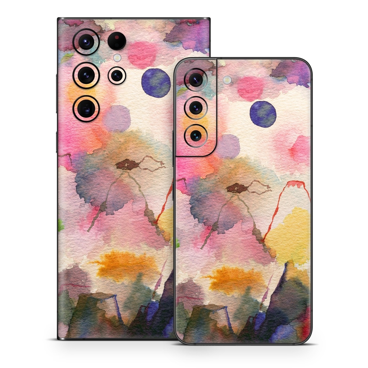 Samsung Galaxy S22 Series Skin design of Watercolor paint, Flower, Textile, Painting, Art, Plant, Pattern, Visual arts, Floral design, Paint, with white, pink, red, yellow, green, blue, black, orange colors