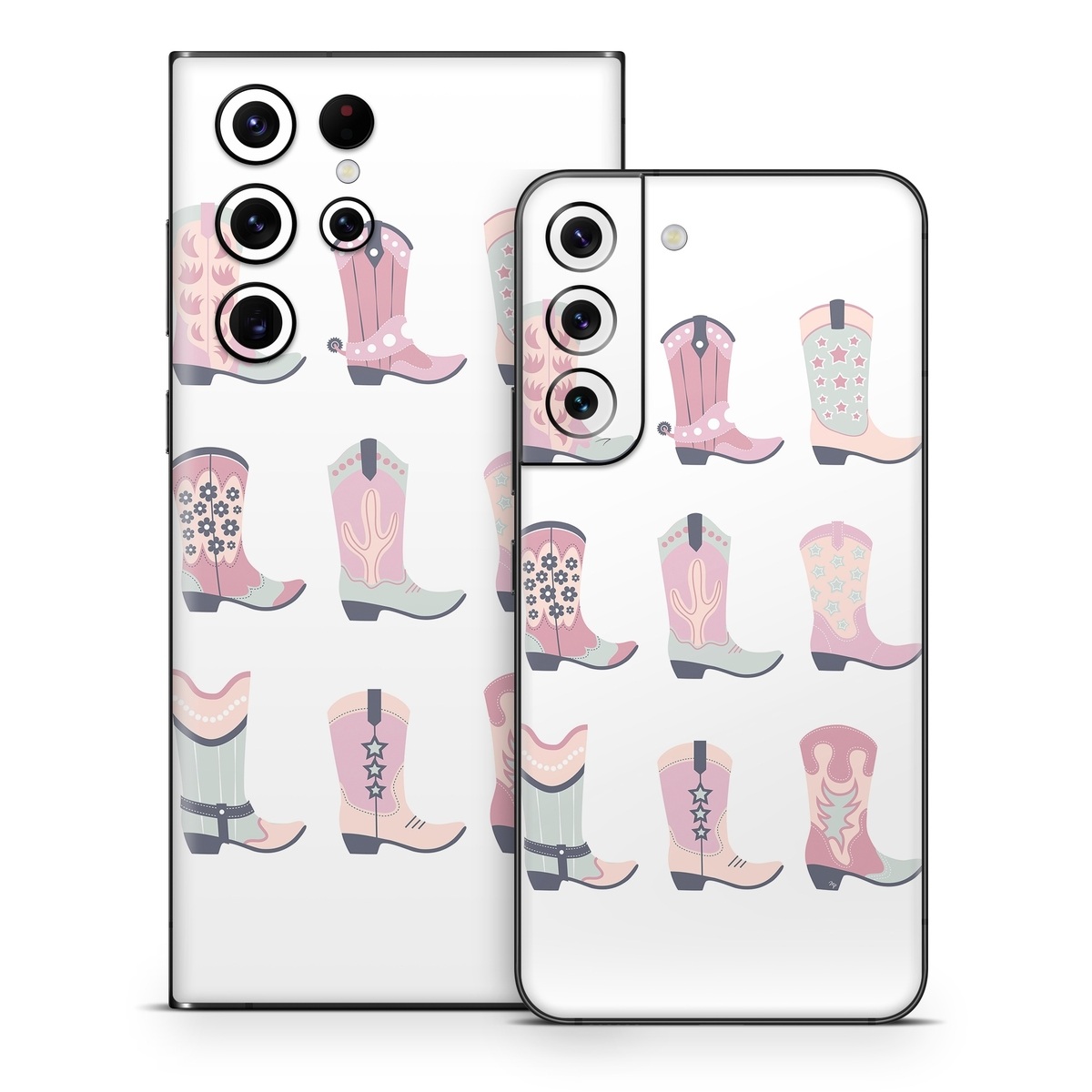 Samsung Galaxy S22 Series Skin design of Footwear, Shoe, White, Durango boot, Product, Fashion, Textile, Pink, Font, Red, with pink, white, blue, brown colors