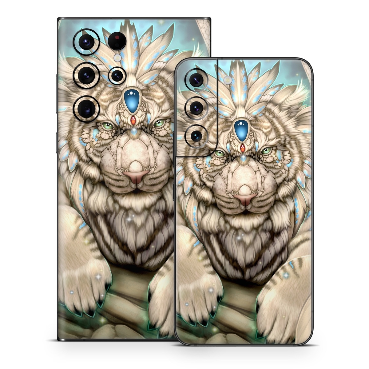 Samsung Galaxy S22 Series Skin design of Mythical creature, Sleeve, Textile, Gesture, Felidae, Tattoo, Big cats, Font, Temporary tattoo, Painting, with white, blue, black, gray colors