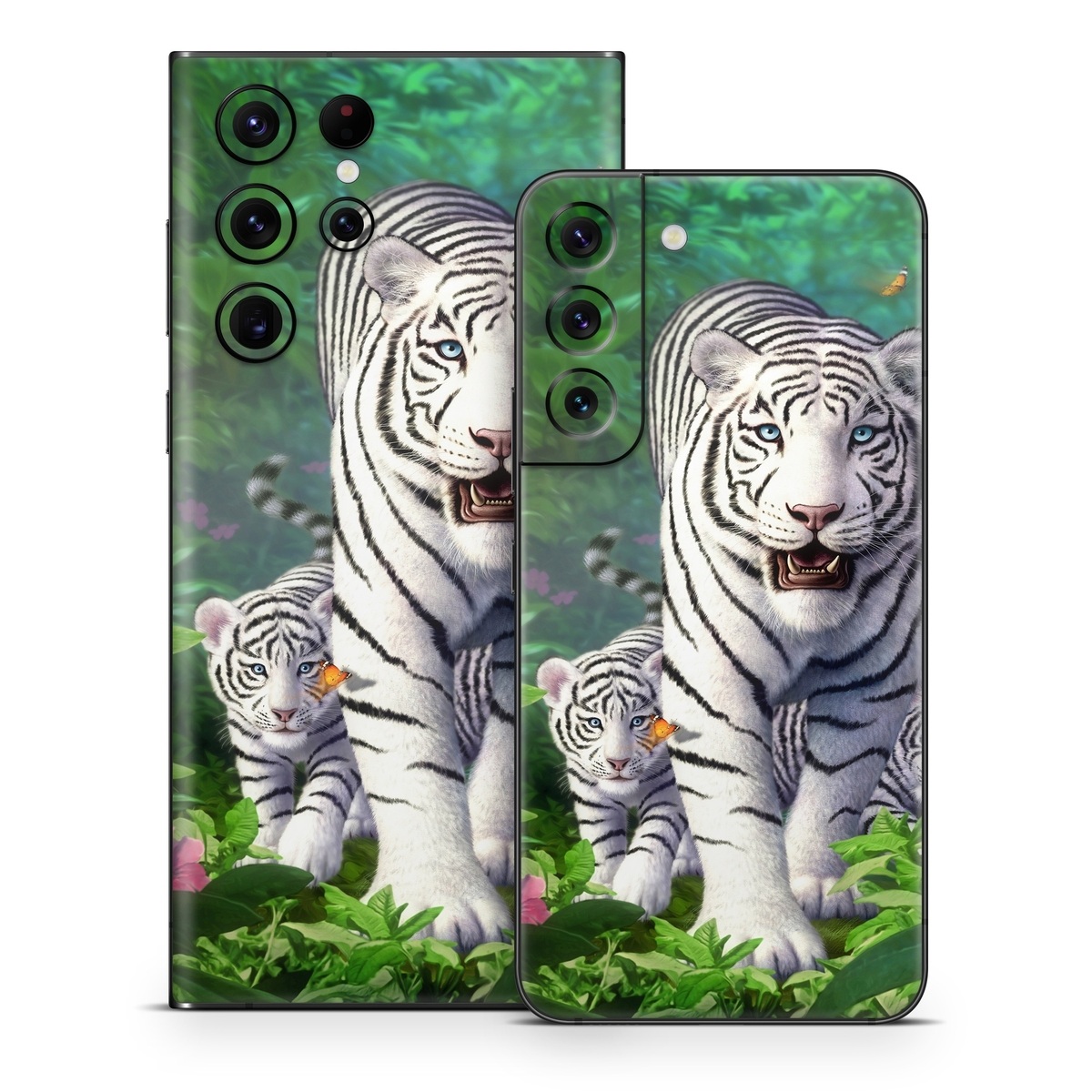 Samsung Galaxy S22 Series Skin design of Plant, Eye, Plant community, Vertebrate, Felidae, Leaf, Botany, Carnivore, Organism, Terrestrial plant, with white, black, blue, green, pink, yellow colors