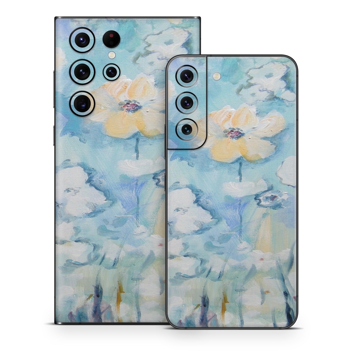 Samsung Galaxy S22 Series Skin design of Blue, Watercolor paint, Painting, Flower, Plant, Art, Acrylic paint, Wildflower, Visual arts, Floral design, with gray, blue colors