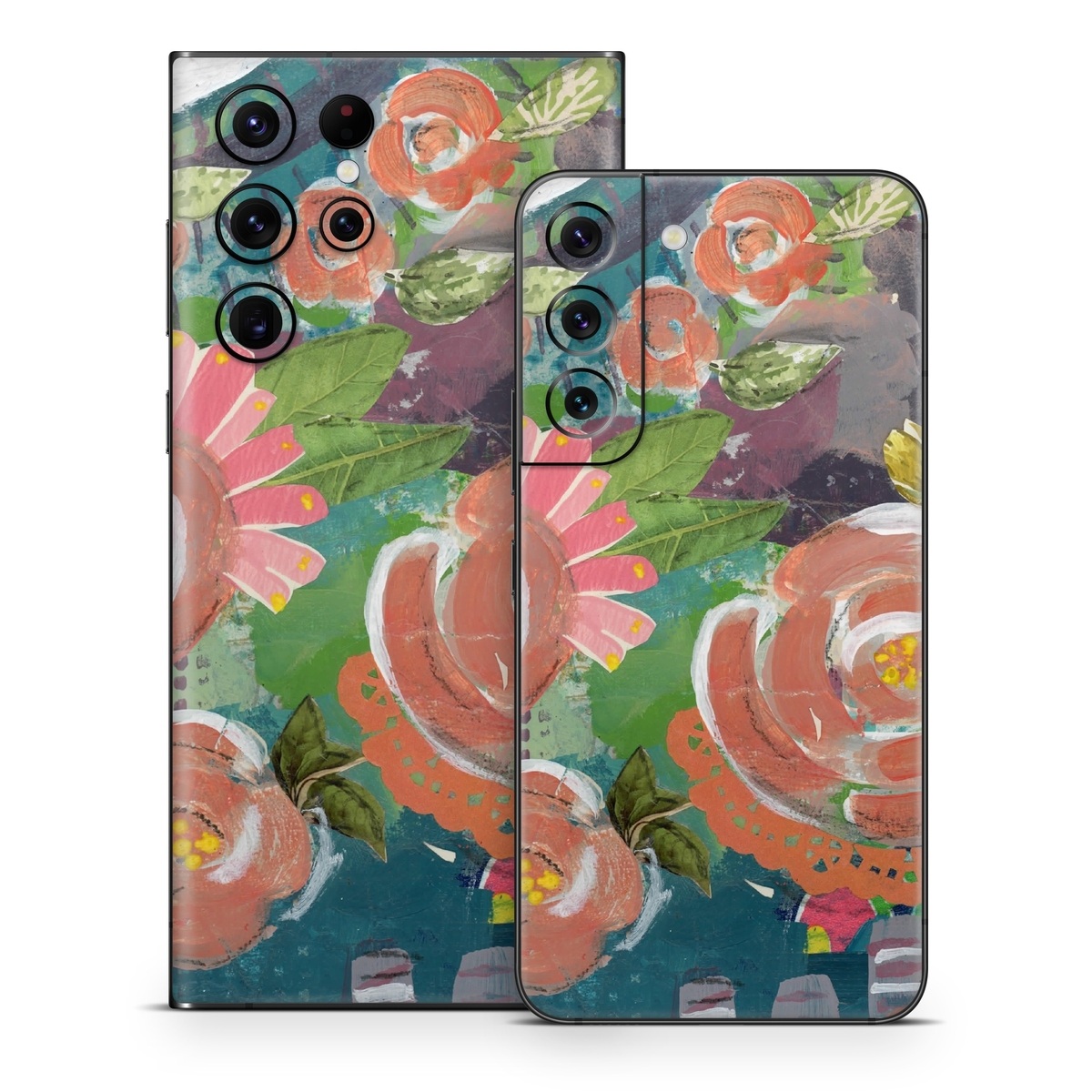 Samsung Galaxy S22 Series Skin design of Painting, Watercolor paint, Still life, Child art, Art, Illustration, Acrylic paint, Flower, Visual arts, Textile, with green, pink, red, yellow, blue, white, black, gray colors