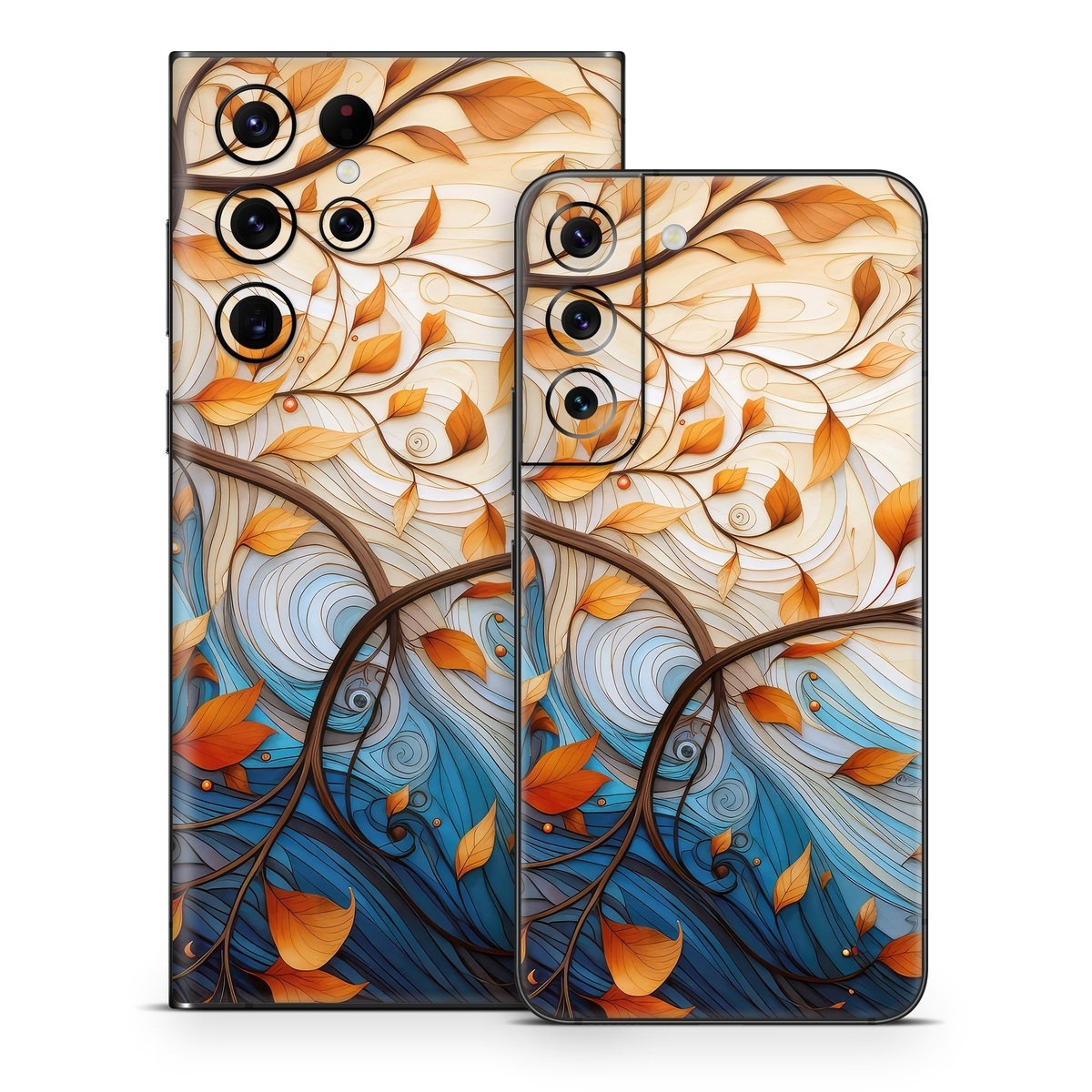 Samsung Galaxy S22 Series Skin design of Dishware, Orange, Textile, Sleeve, Serveware, Petal, Pattern, Porcelain, Electric blue, Art, with yellow, orange, red, white, blue, brown colors