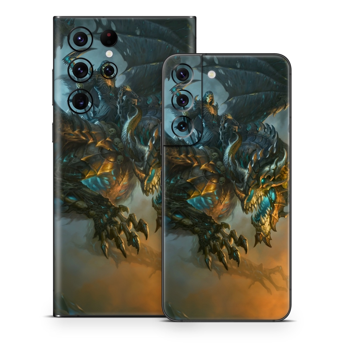Samsung Galaxy S22 Series Skin design of Dragon, Cg artwork, Fictional character, Mythical creature, Demon, Mythology, Illustration, Cryptid, Art, with orange, yellow, black, brown, blue, white colors