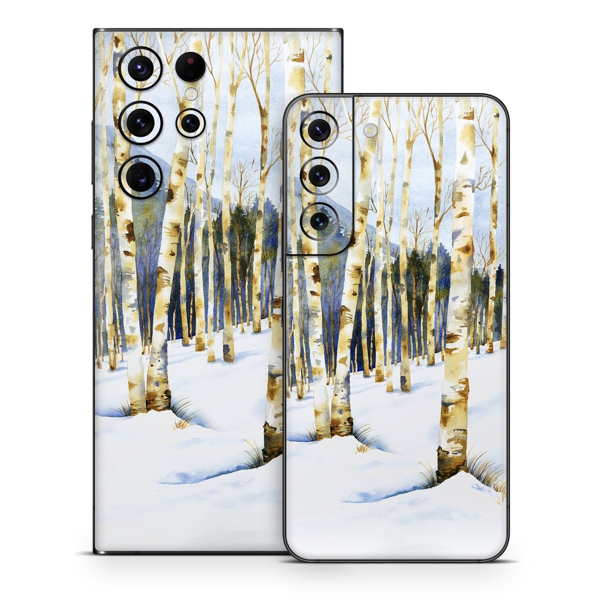 Samsung Galaxy S22 Series Skin design of Tree, Snow, Winter, Canoe birch, Nature, Birch, Forest, Natural environment, Freezing, Woody plant, with white, brown, black, gray colors
