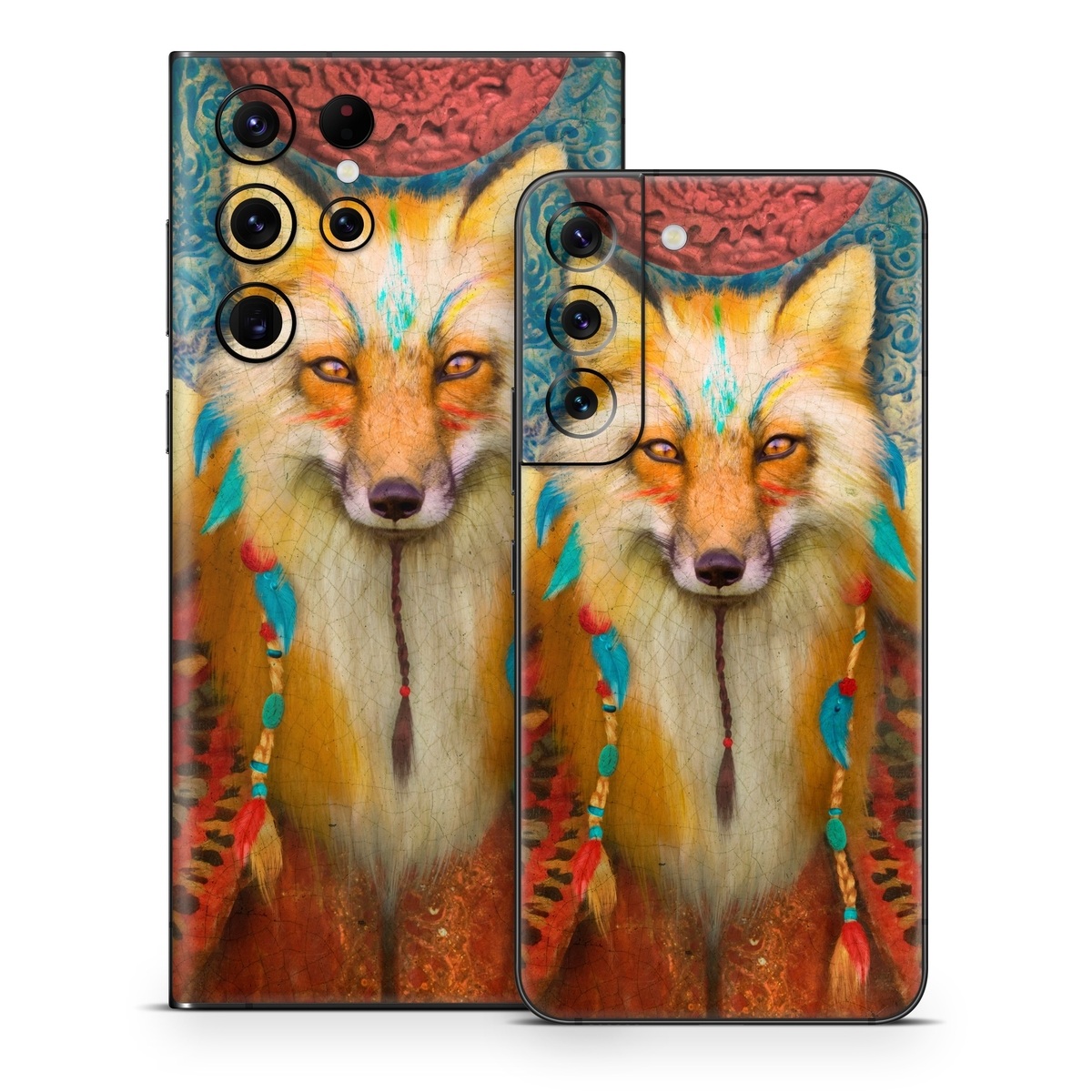 Samsung Galaxy S22 Series Skin design of Red fox, Canidae, Fox, Wildlife, Swift fox, Carnivore, Jackal, Fur, Snout, Art, with red, black, gray, green, blue colors