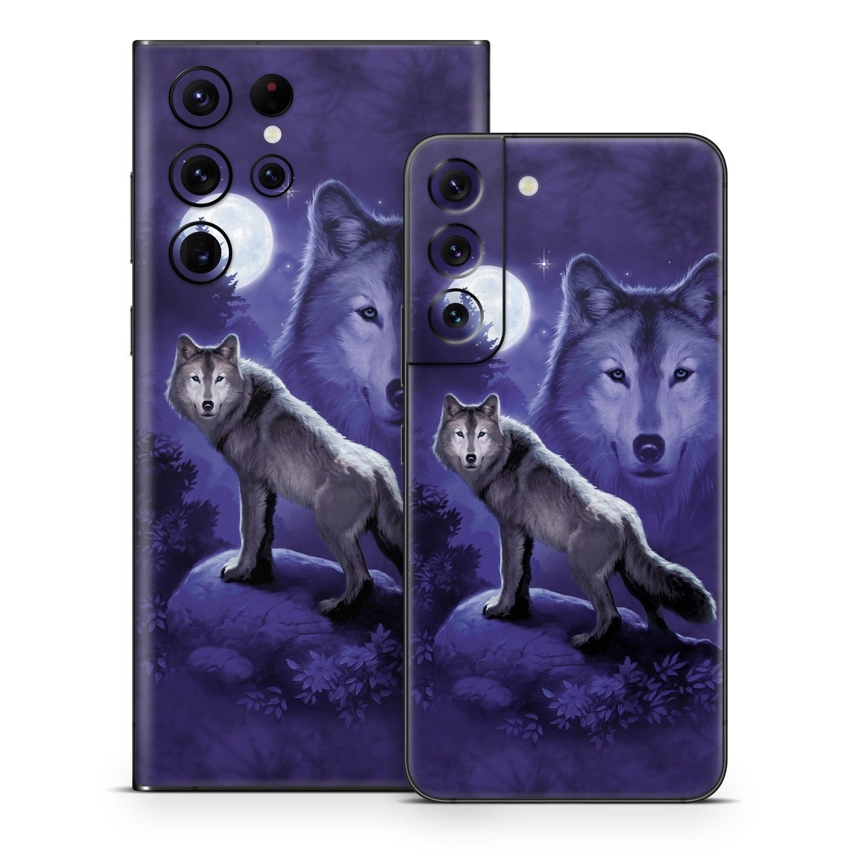 Samsung Galaxy S22 Series Skin design of Wolf, Canidae, canis lupus tundrarum, Canis, Wolfdog, Dog, Native american indian dog, Wildlife, Sakhalin husky, Moonlight, with blue, black, gray colors