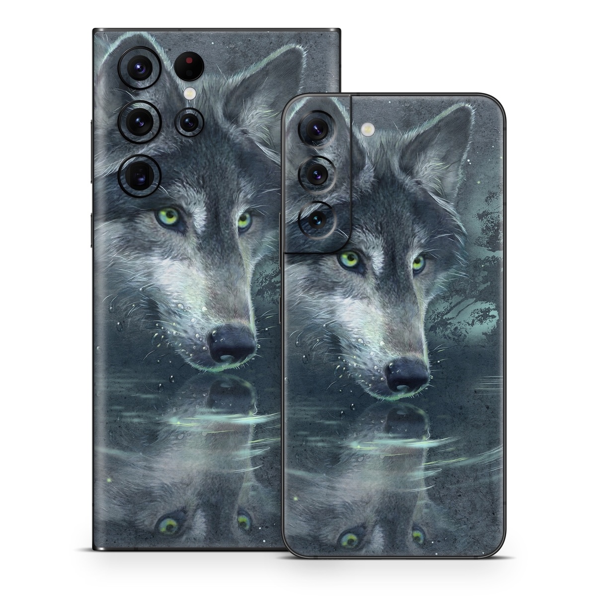 Samsung Galaxy S22 Series Skin design of Wolf, Canidae, Wildlife, Red wolf, Canis, canis lupus tundrarum, Snout, Saarloos wolfdog, Wolfdog, Carnivore, with black, gray, blue colors