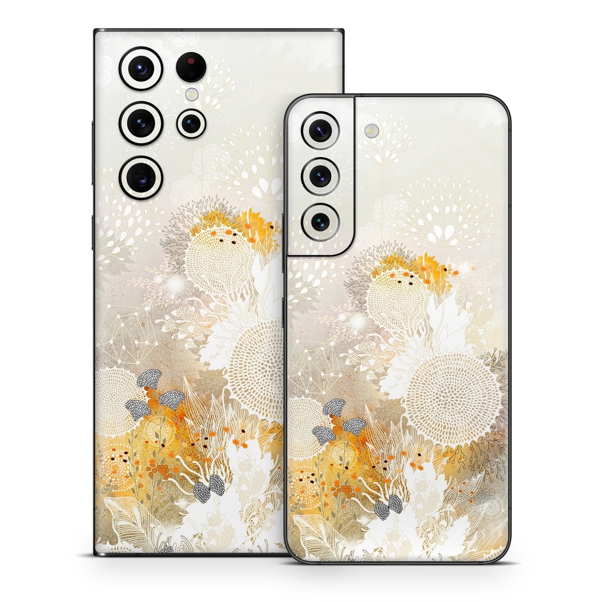 Samsung Galaxy S22 Series Skin design of Pattern, Floral design, Flower, Plant, Illustration, camomile, Wildflower, Art, with gray, yellow, pink, white, green colors