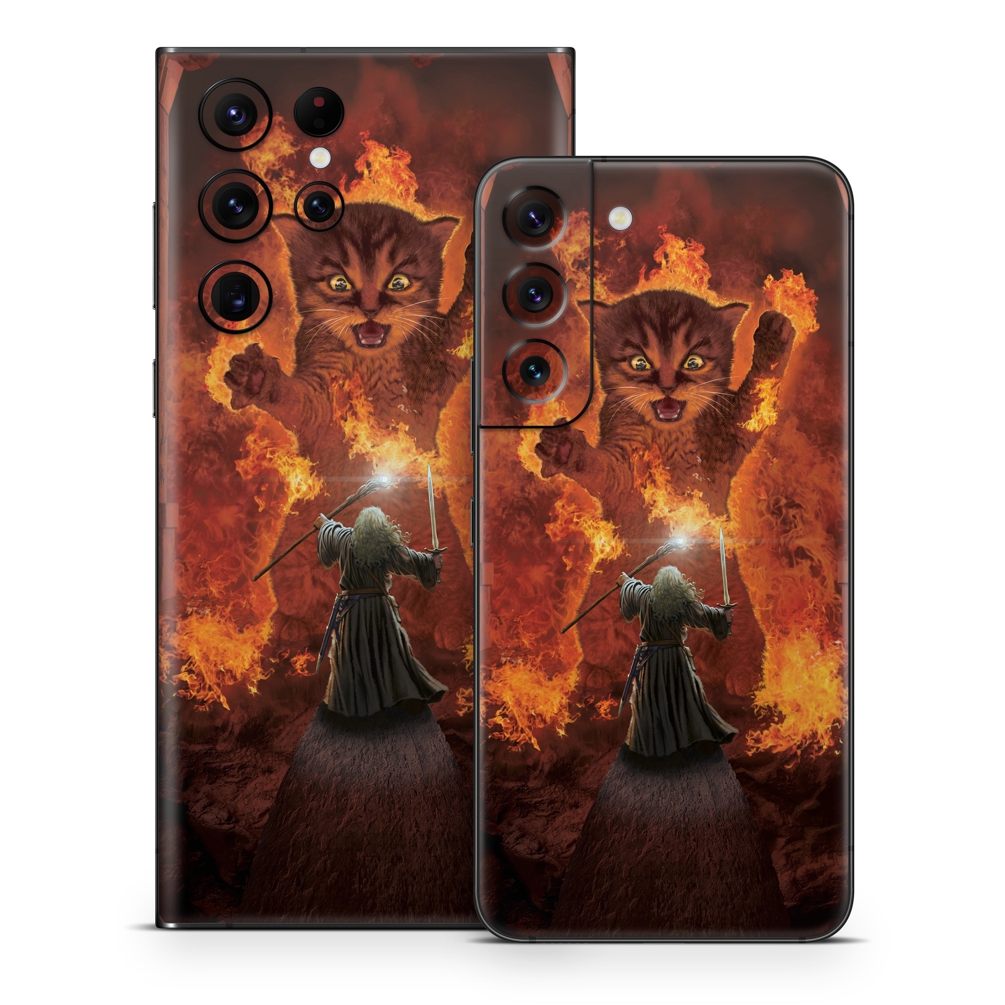 Samsung Galaxy S22 Series Skin design of Cartoon, Art, Carnivore, Cg artwork, Felidae, Supernatural creature, Big cats, Heat, Fictional character, Darkness, with black, red, white, gray, yellow colors