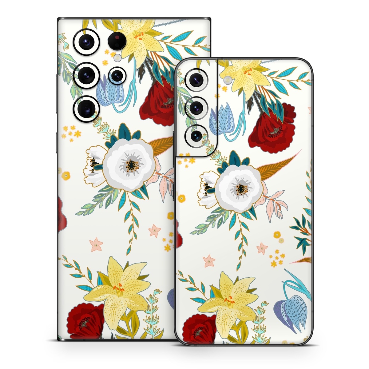 Samsung Galaxy S22 Series Skin design of Floral design, Pattern, Wrapping paper, Botany, Design, Flower, Wallpaper, Plant, Clip art, Pedicel, with white, blue, red, yellow, pink, orange colors