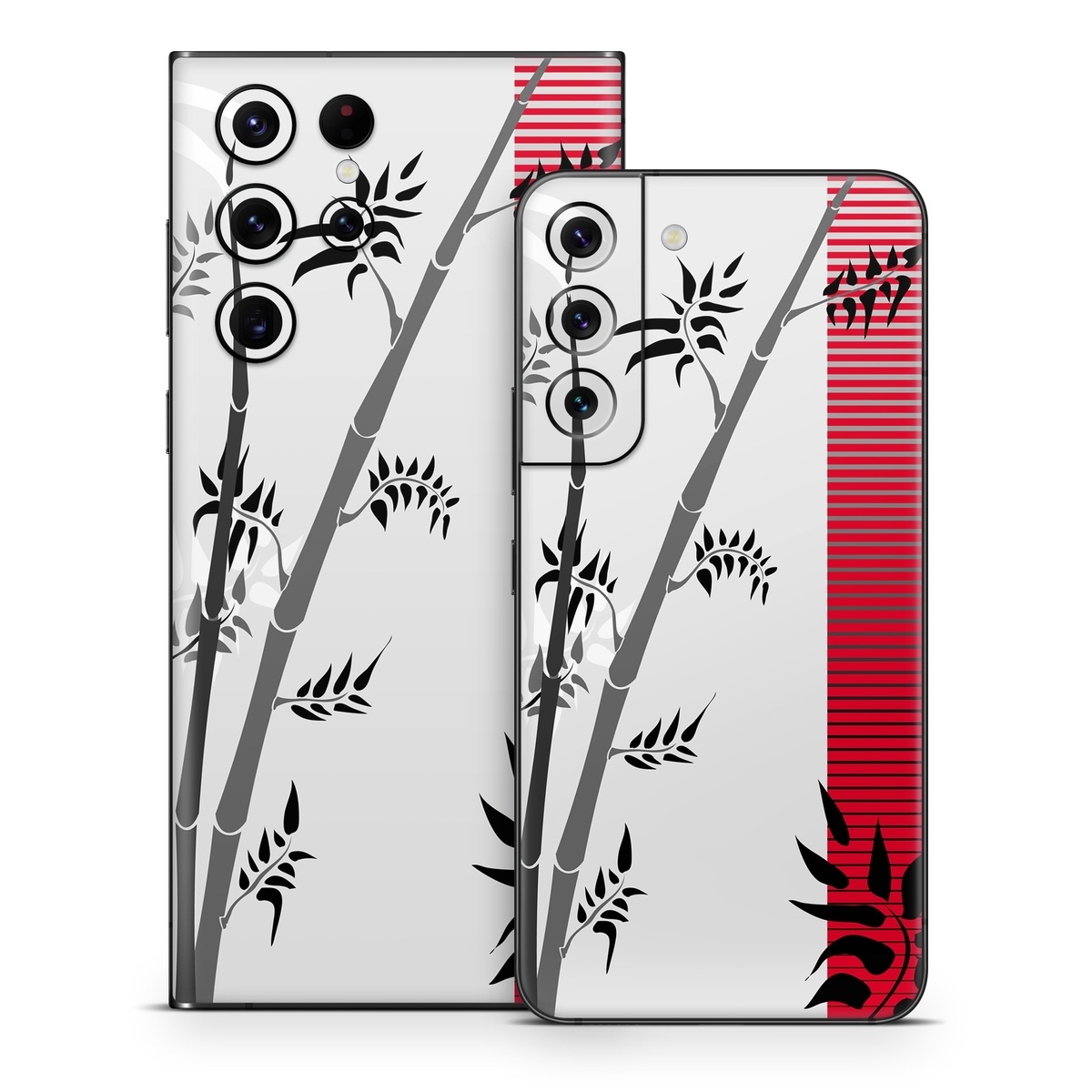 Samsung Galaxy S22 Series Skin design of Botany, Plant, Branch, Plant stem, Tree, Bamboo, Pedicel, Black-and-white, Flower, Twig, with gray, red, black, white colors