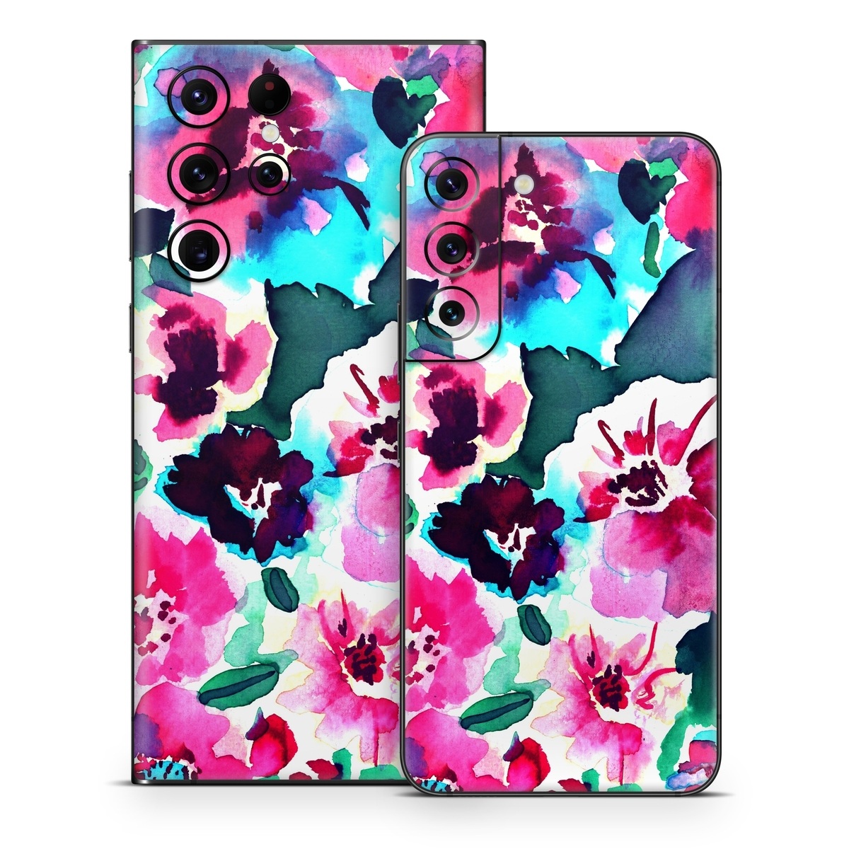Samsung Galaxy S22 Series Skin design of Flower, Pink, Petal, Plant, Pattern, Hawaiian hibiscus, Design, Magenta, Flowering plant, Watercolor paint, with white, pink, blue, green, red colors