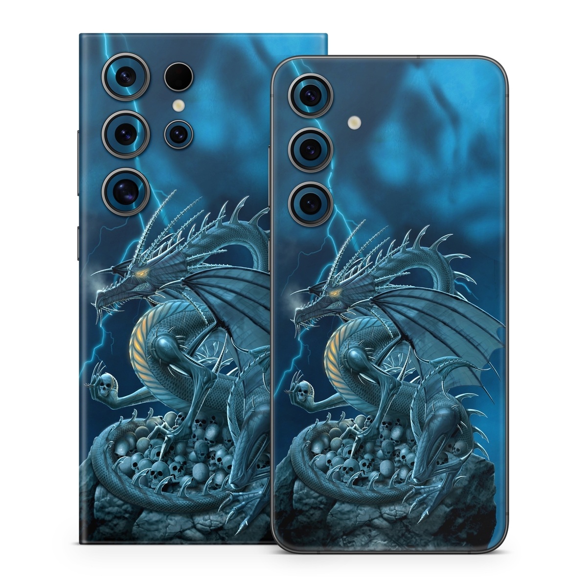 Samsung Galaxy S24 Series Skin design of Cg artwork, Dragon, Mythology, Fictional character, Illustration, Mythical creature, Art, Demon, with blue, yellow colors