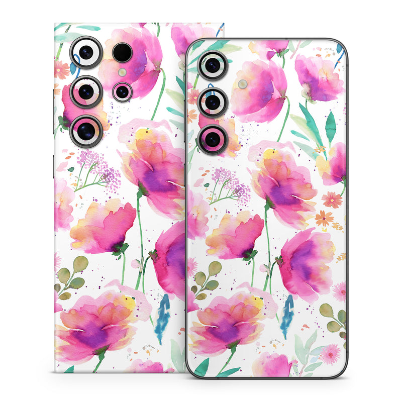 Samsung Galaxy S24 Series Skin design of Pink, Watercolor painting, Art Paint, Creative arts, Paint, Floral design, Geraniums, with white, pink, purple, green, yellow, orange colors