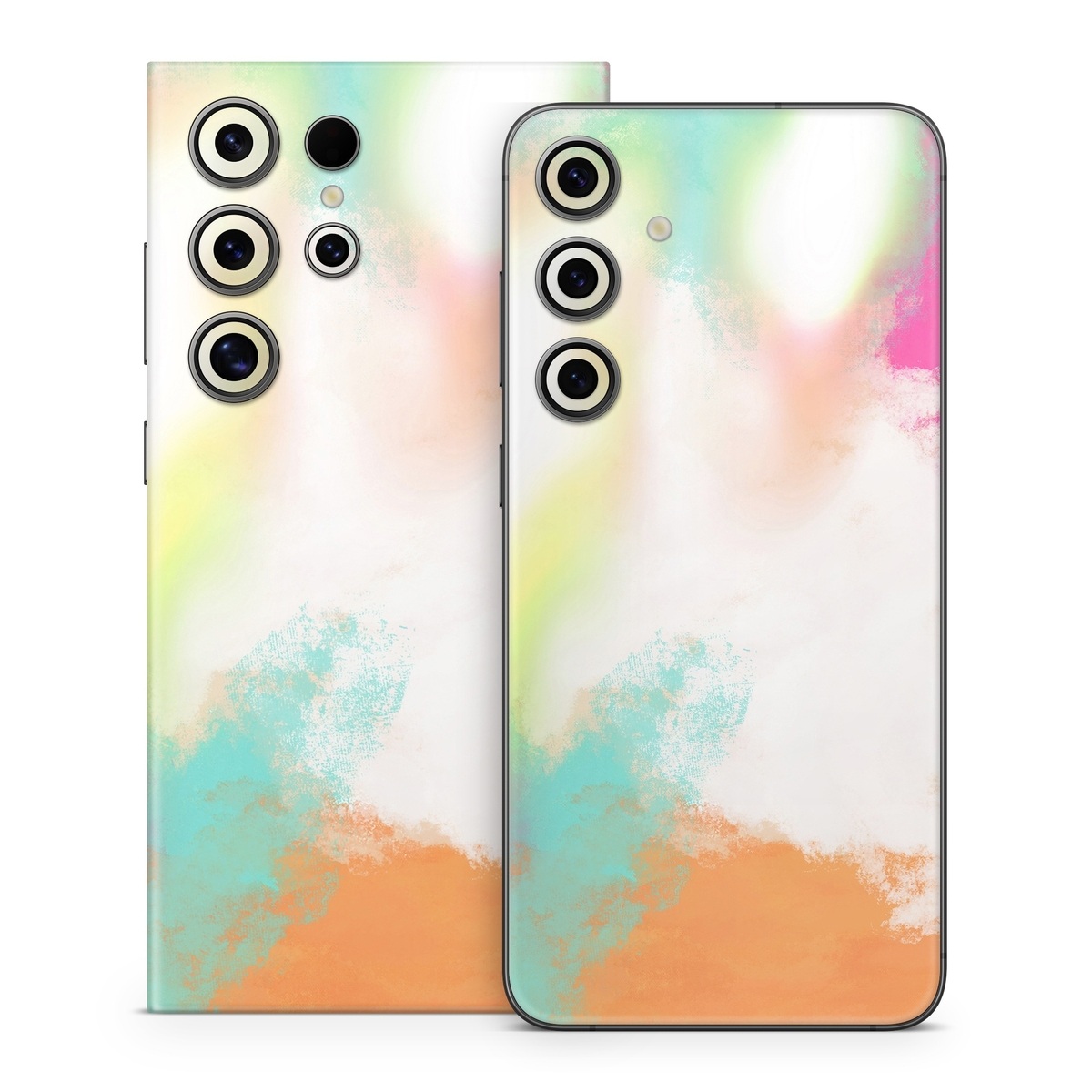 Samsung Galaxy S24 Series Skin design of Sky, Yellow, Orange, Pink, Art, Illustration, Visual Arts, Pattern, Colorfulness, Watercolor Paint, with white, pink, orange, yellow, blue, brown colors