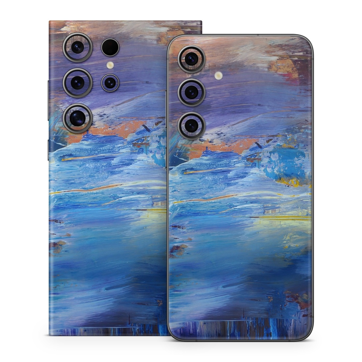 Samsung Galaxy S24 Series Skin design of Painting, Blue, Modern art, Acrylic paint, Sky, Watercolor paint, Art, Visual arts, Paint, Electric blue, with blue, purple, yellow, brown, orange, black colors