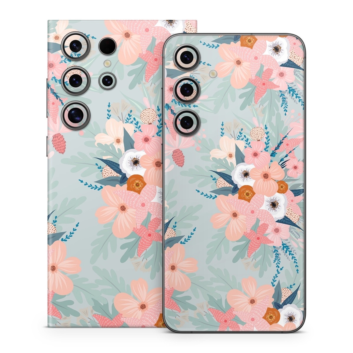 Samsung Galaxy S24 Series Skin design of Pattern, Aqua, Wrapping paper, Textile, Design, Floral design, Wildflower, Plant, Pedicel, Blossom, with pink, red, blue, white colors
