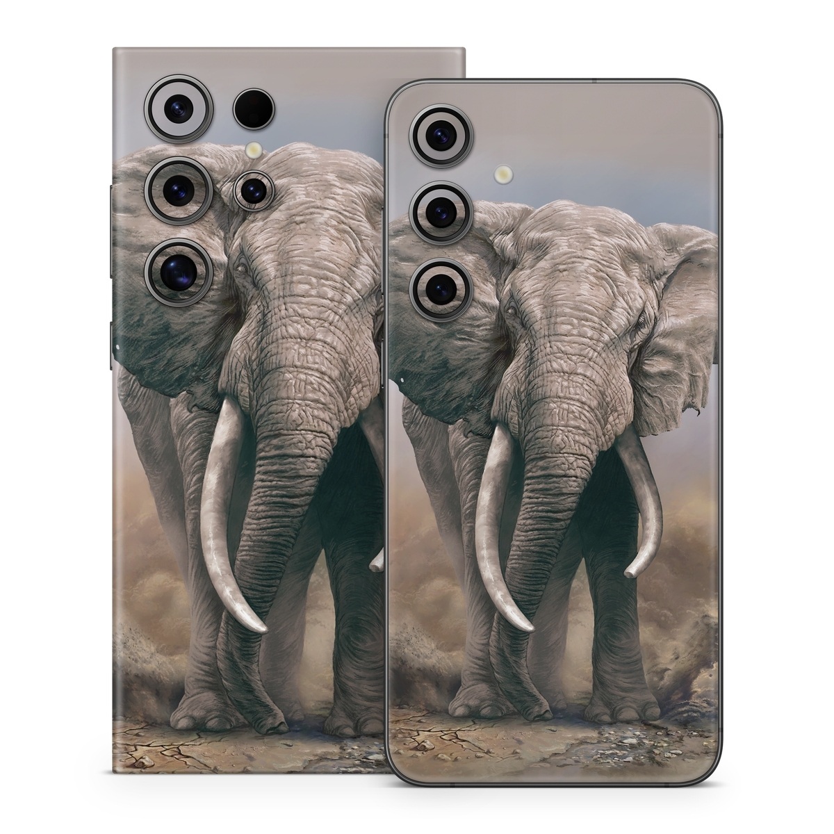 Samsung Galaxy S24 Series Skin design of Elephants and Mammoths, Terrestrial animal, Indian elephant, African elephant, Wildlife, Tusk, Snout, Organism, Working animal, Illustration, with brown, gray, white colors