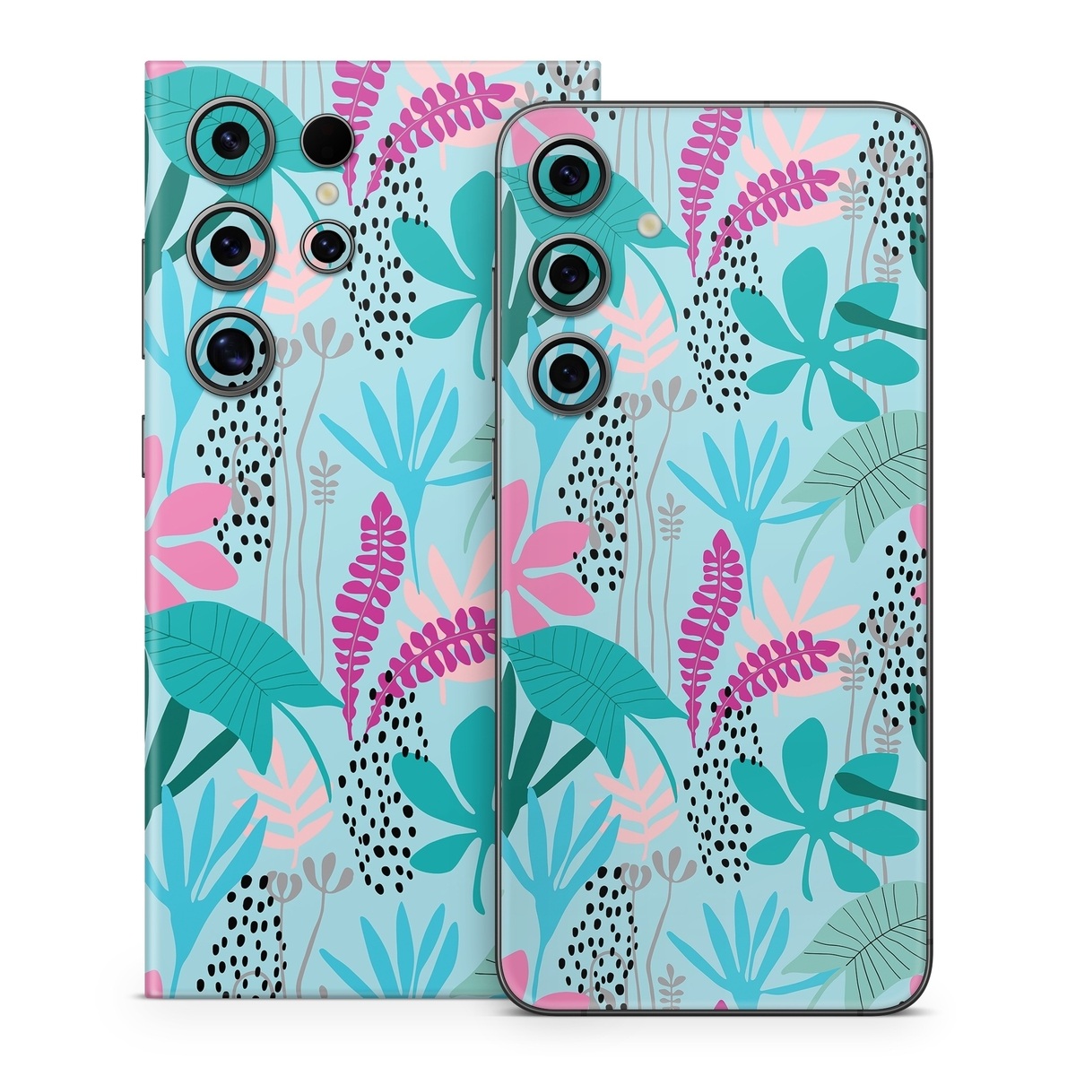 Samsung Galaxy S24 Series Skin design of White, Leaf, Botany, Green, Textile, Branch, Organism, Plant, Font, Pink, with blue, green, pink, purple, black, gray colors
