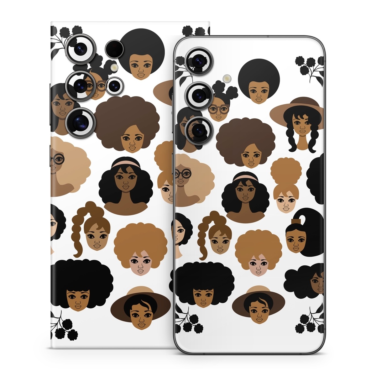 Samsung Galaxy S24 Series Skin design of Hair, People, Facial expression, Hairstyle, Cartoon, Head, Afro, Clip art, Font, Black hair, with black, brown, white colors