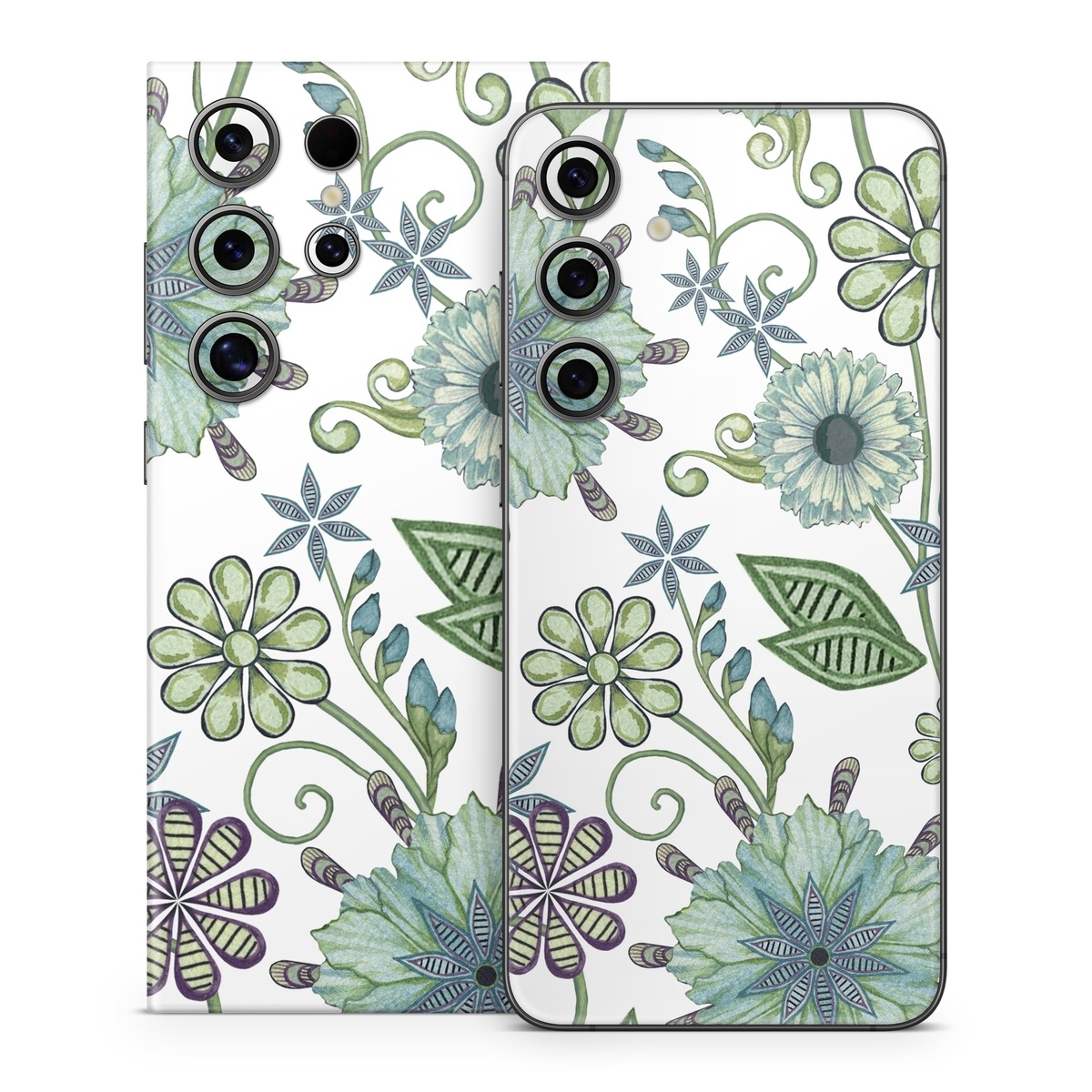 Samsung Galaxy S24 Series Skin design of Green, Pattern, Flower, Botany, Plant, Leaf, Design, Wildflower, with white, green, blue colors