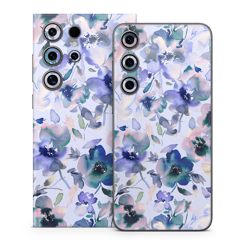 Samsung Galaxy S24 Series Skin design of Blue, Flower, Petal, Pink, Purple, Wildflower, Watercolor painting, Floral design, Lobelias, Borages, with white, purple, black, pink, green colors