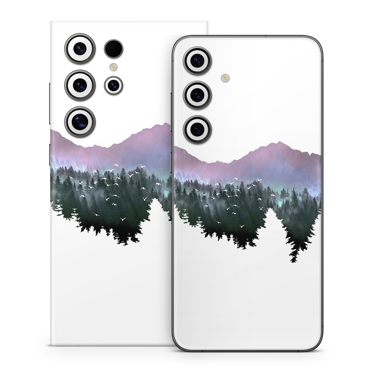 Samsung Galaxy S24 Series Skin design of Nature, Mountainous landforms, Mountain, Atmospheric phenomenon, Tree, Wilderness, Sky, Mountain range, Forest, Hill, with white, black, purple, blue, green colors