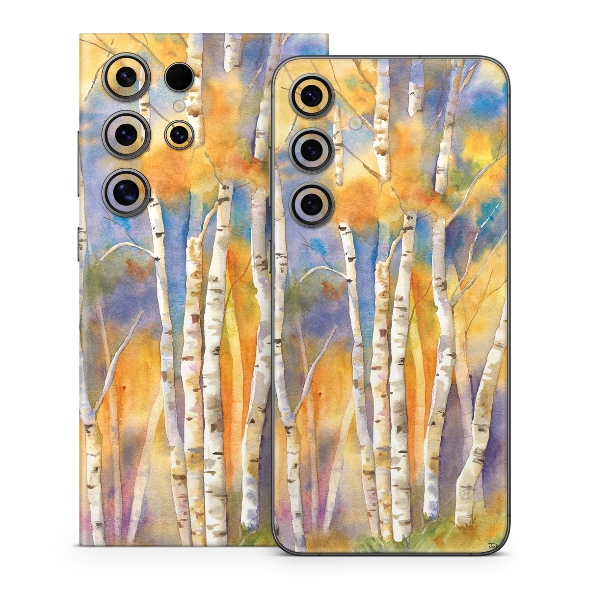 Samsung Galaxy S24 Series Skin design of Canoe birch, Watercolor paint, Tree, Birch, Woody plant, Painting, Plant, Birch family, Paint, Trunk, with orange, yellow, green, white, purple, blue colors