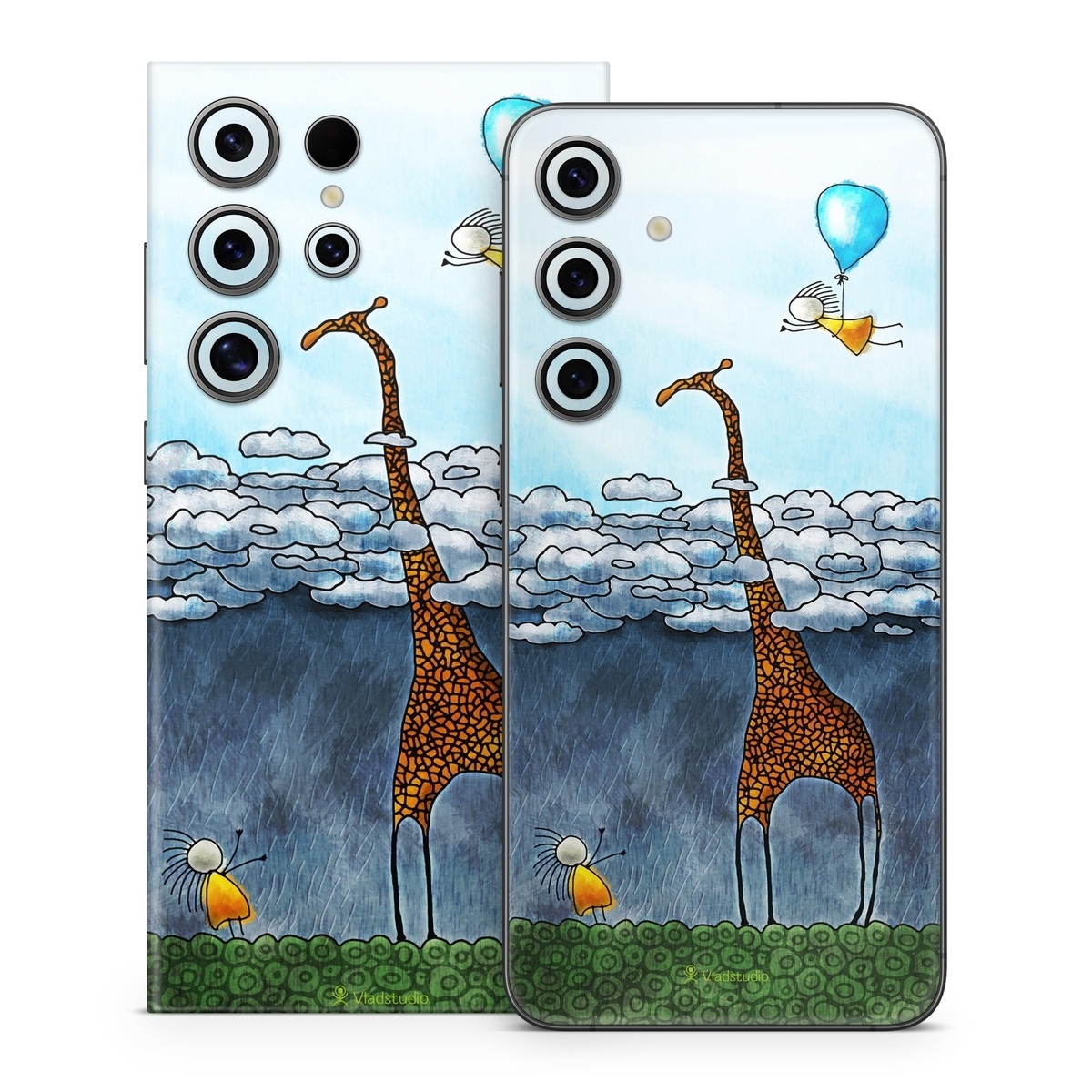 Samsung Galaxy S24 Series Skin design of Giraffe, Sky, Tree, Water, Branch, Giraffidae, Illustration, Cloud, Grassland, Bird, with blue, gray, yellow, green colors