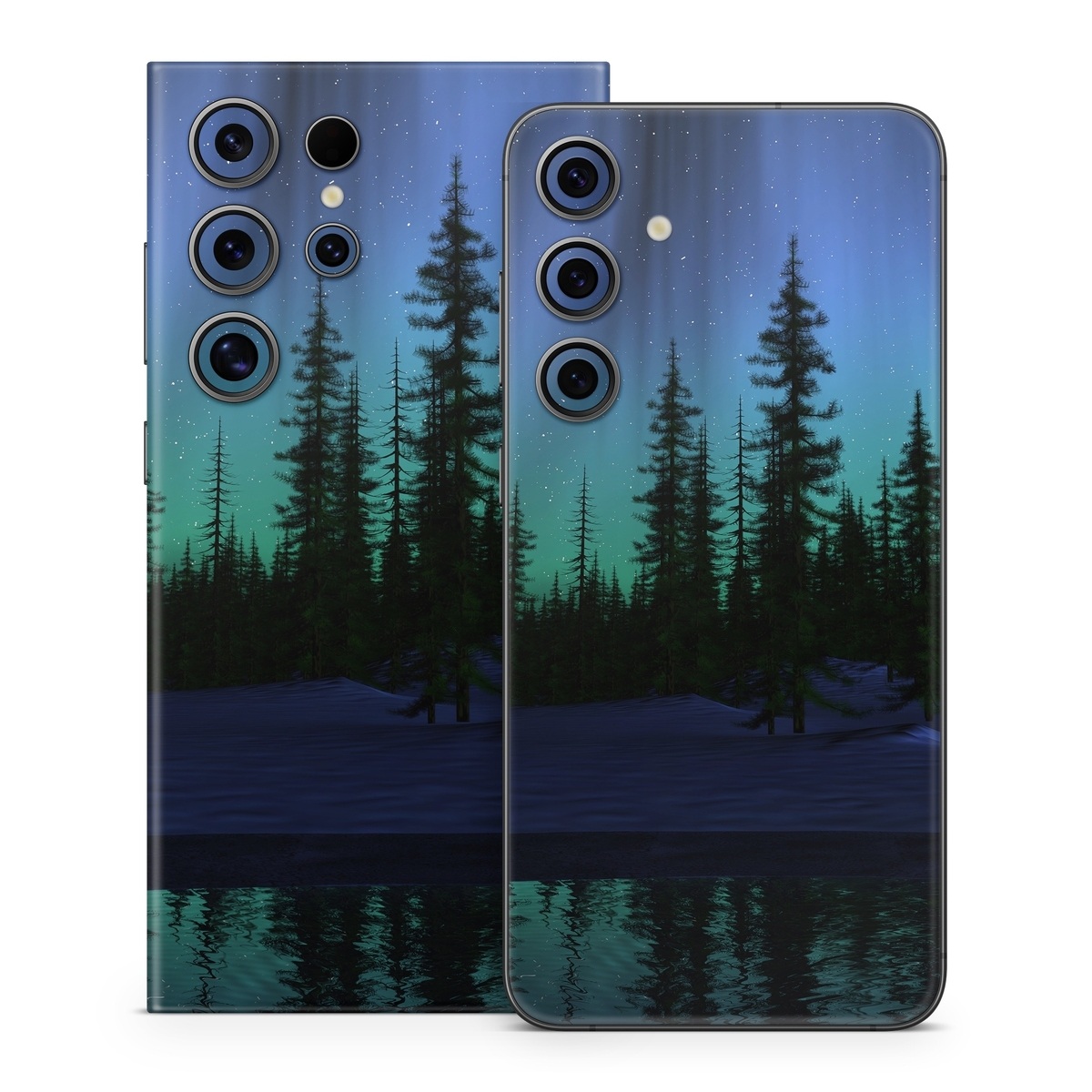 Samsung Galaxy S24 Series Skin design of Aurora, Nature, Sky, shortleaf black spruce, Natural landscape, Tree, Wilderness, Natural environment, Biome, Spruce-fir forest, with blue, purple, green, black colors