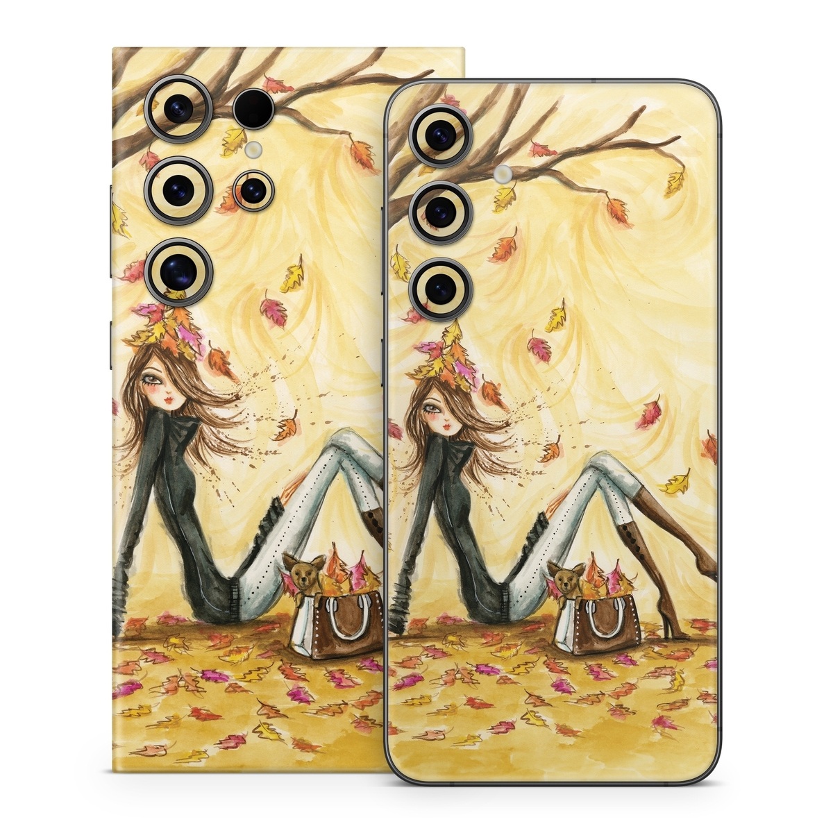 Samsung Galaxy S24 Series Skin design of Painting, Watercolor paint, Tree, Art, Illustration, Plant, Modern art, Visual arts, Still life, Fictional character, with yellow, red, brown, orange, black, white colors